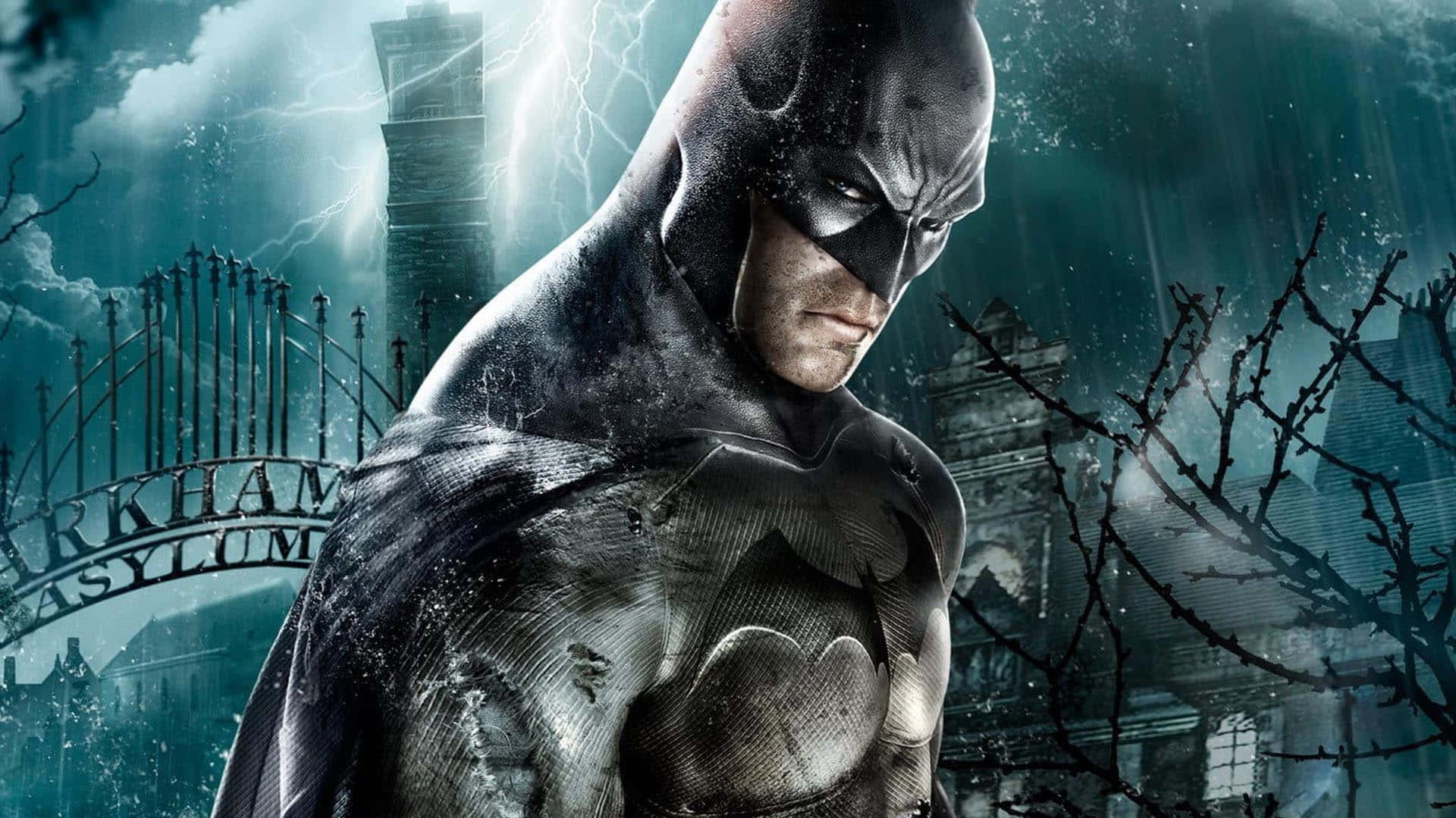 Batman, Arkham Asylum, stormy sky, Full HD Desktop Wallpaper