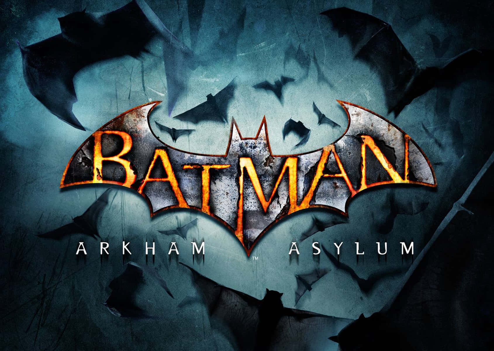Batman Arkham Asylum, fiery orange edges, dark blue cracked background, HD Desktop Wallpaper