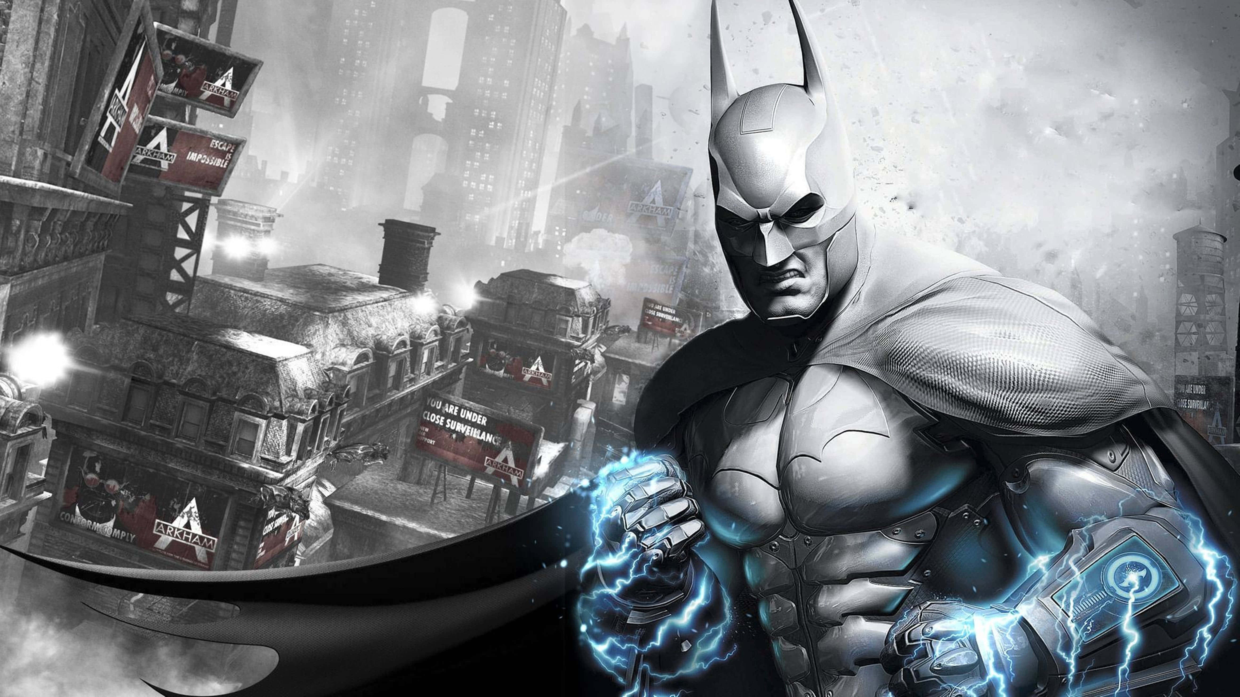 Batman, Arkham City, glowing blue energy, 5K Desktop Wallpaper