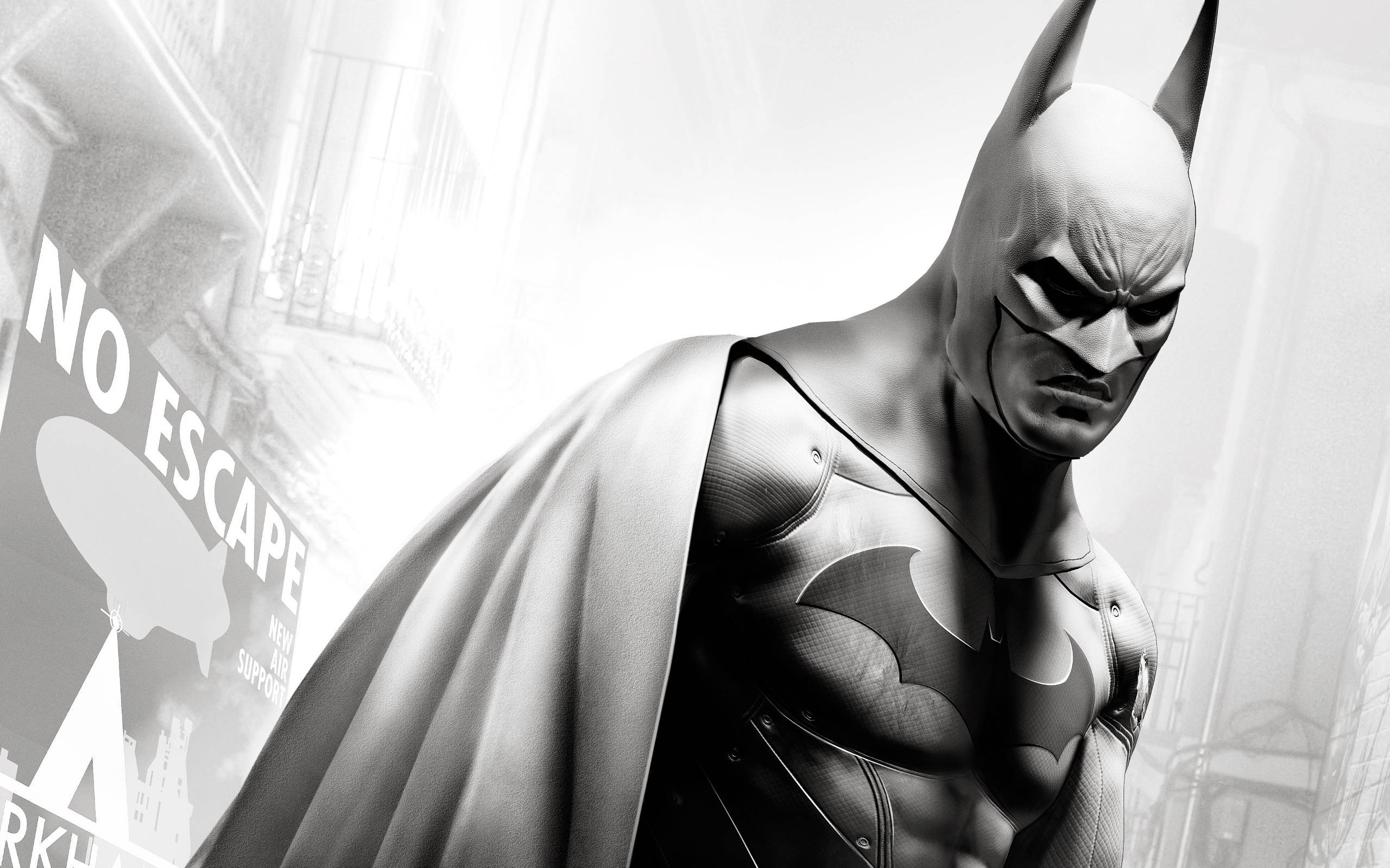 Batman Arkham City, Batman, monochrome cityscape, 2K Desktop Wallpaper