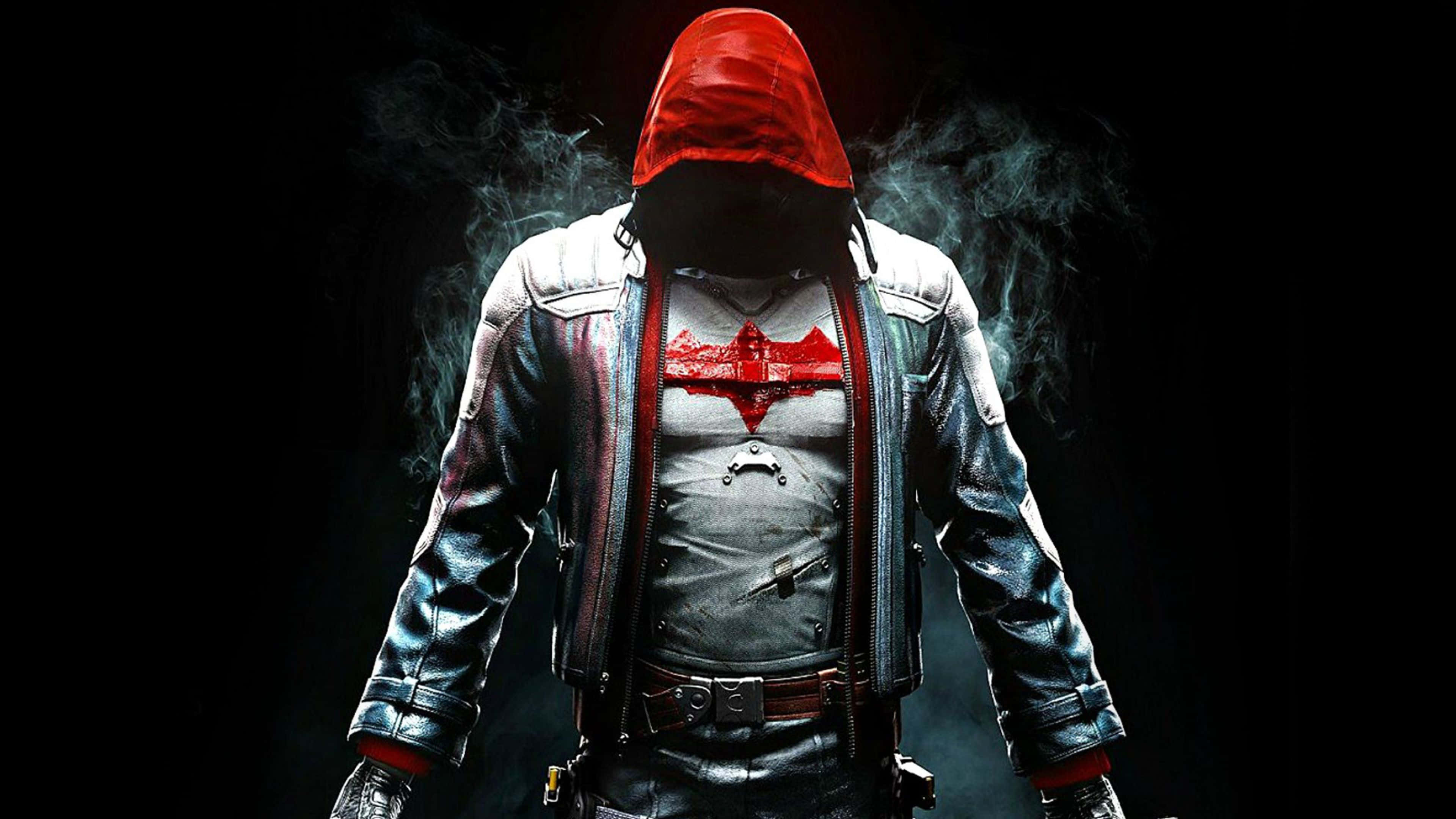 Batman: Arkham Knight 4K, red-lined leather jacket, red bat emblem, 4K Desktop Wallpaper