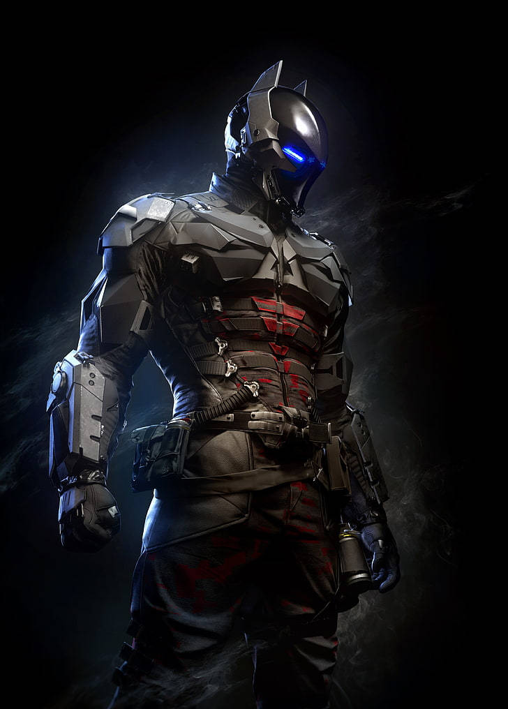 Batman Arkham Knight, full armor, glowing blue eyes, SD Phone Wallpaper