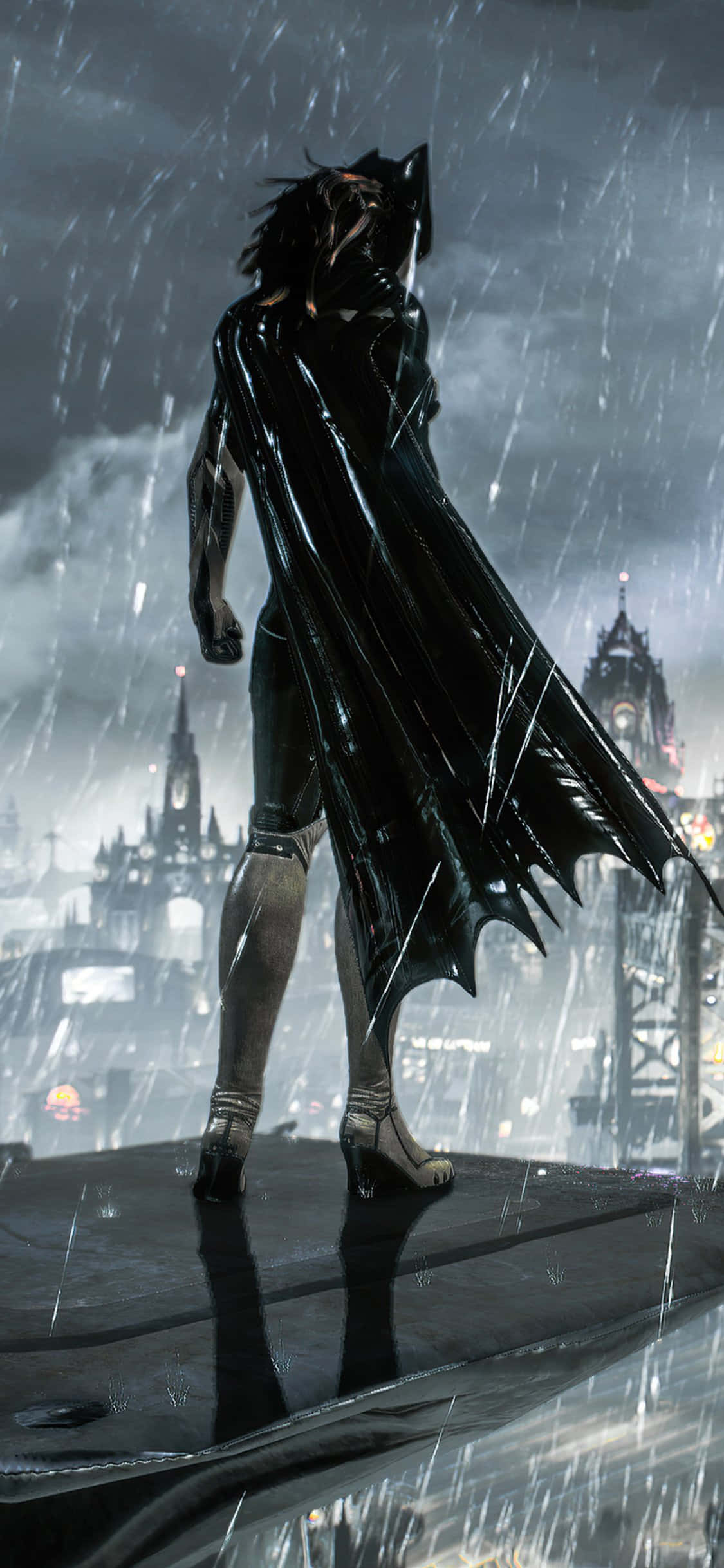 Batman Arkham Knight, glossy black cape, wet rooftop, Full HD Phone Wallpaper