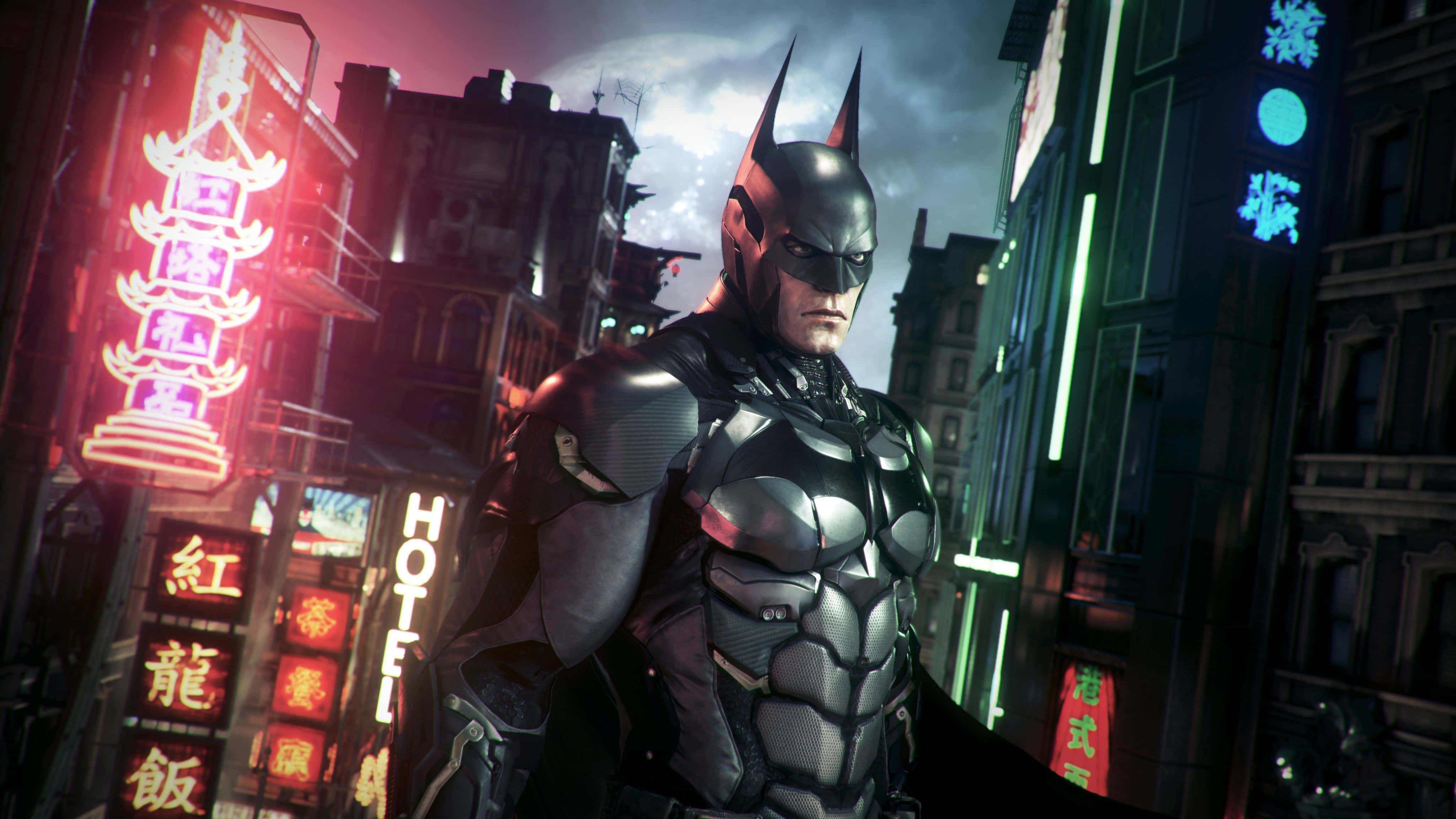 Batman Arkham Knight, Gotham alleyway, neon-lit, 4K Desktop Wallpaper