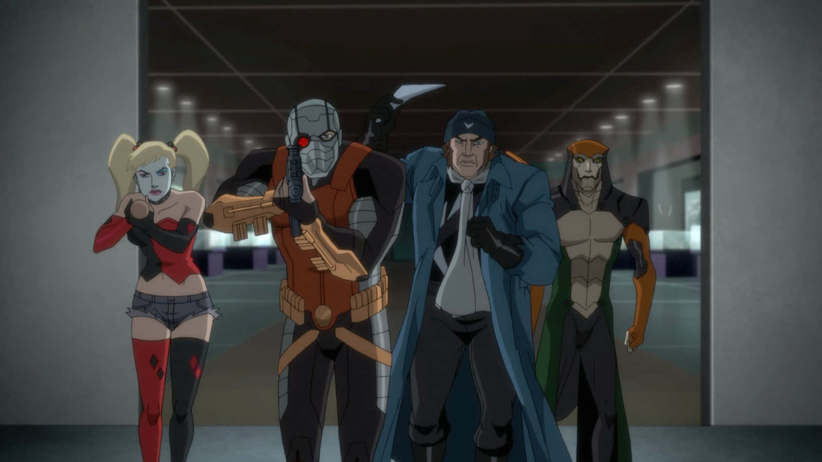 Batman: Assault on Arkham, animated villains, dimly lit underground parking garage, HD Desktop Wallpaper