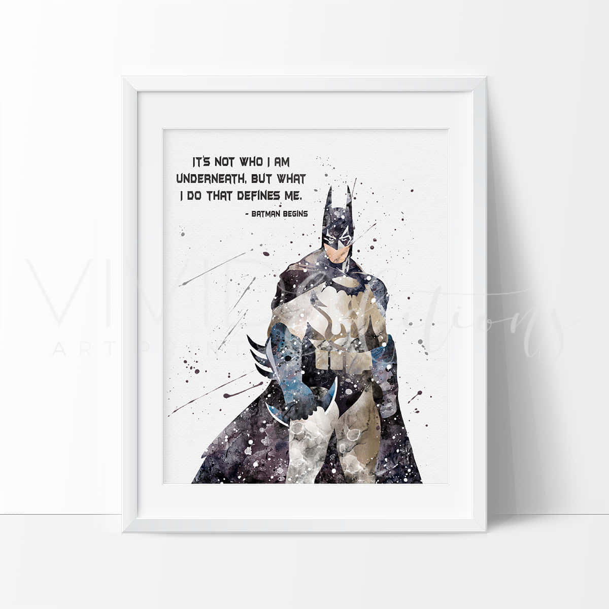 Batman Begins, watercolor Batman artwork, white frame, SD Desktop Wallpaper