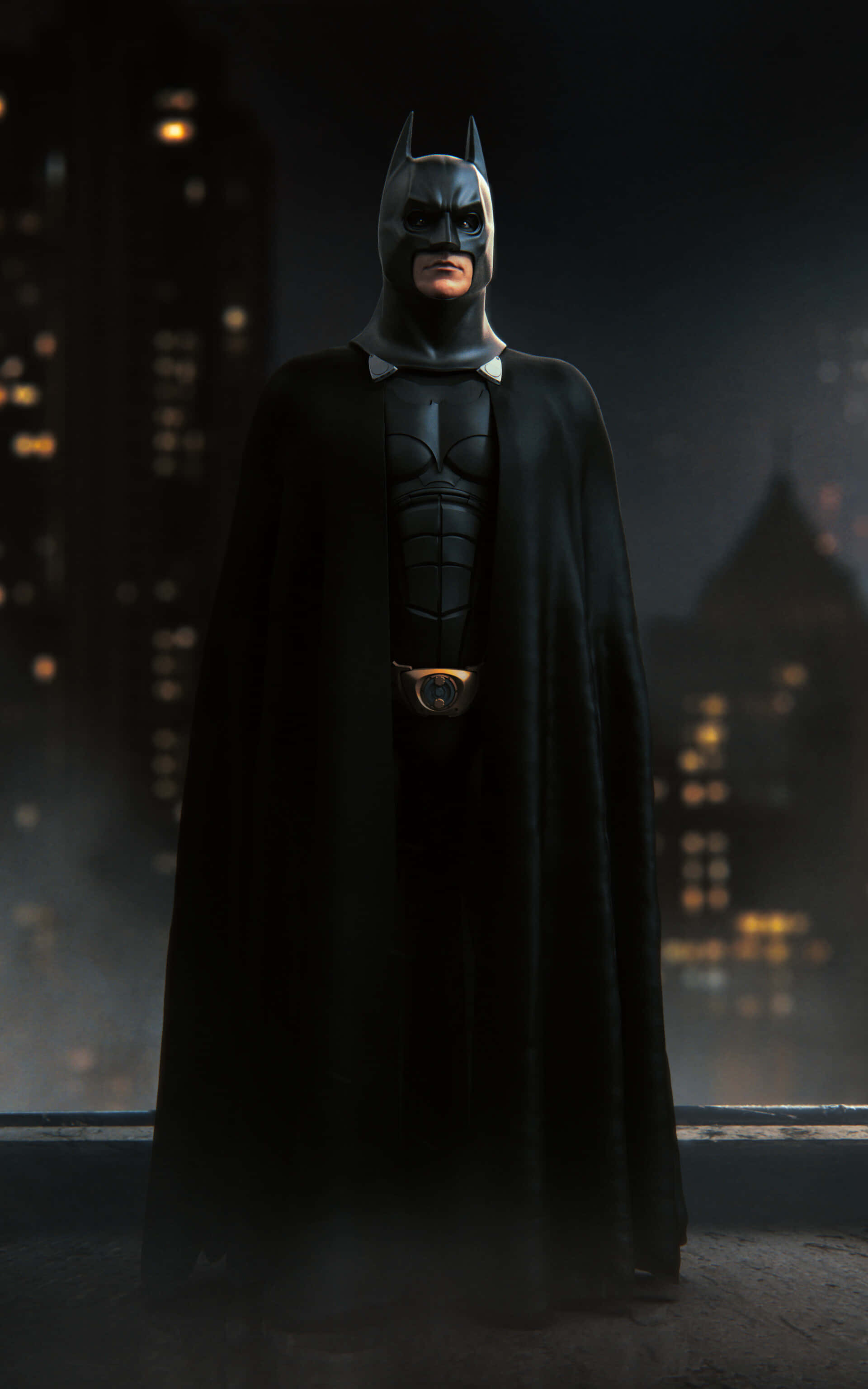 Batman Begins, black suit, city skyline, 2K Phone Wallpaper