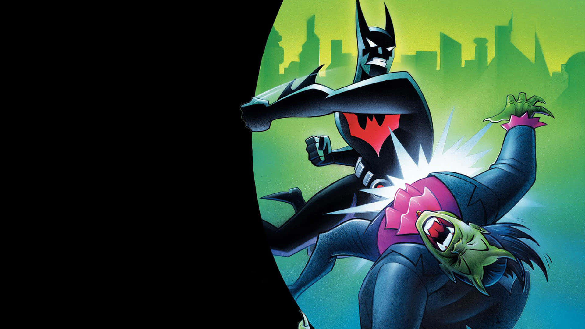 Batman Beyond, Joker, vibrant green cityscape, Full HD Desktop Wallpaper