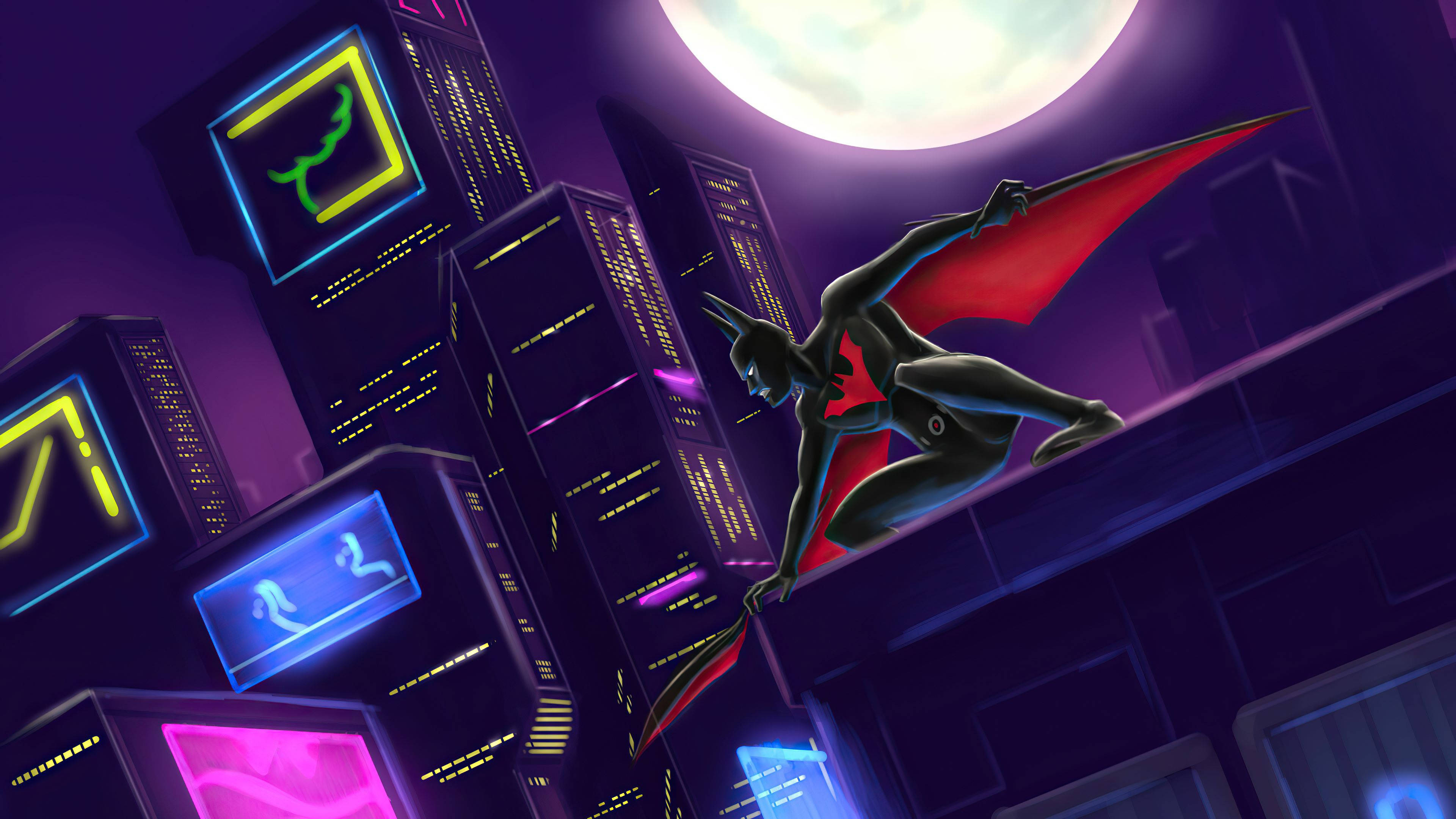 Batman Beyond, neon-lit skyscrapers, glowing full moon, 4K Desktop Wallpaper