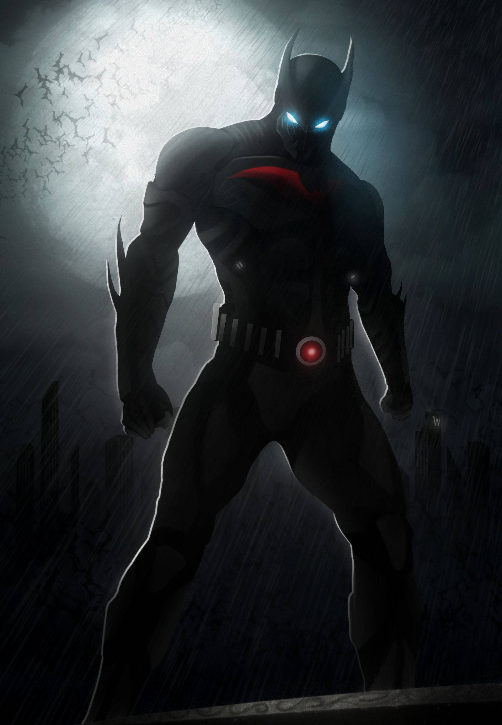 Batman Beyond, glowing blue eyes, red chest emblem, Full HD Phone Wallpaper