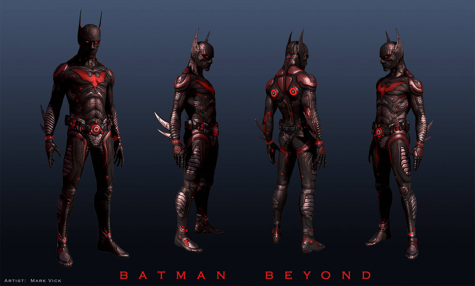 Batman Beyond, sleek black and red armored suit, dark gradient background, HD Desktop Wallpaper