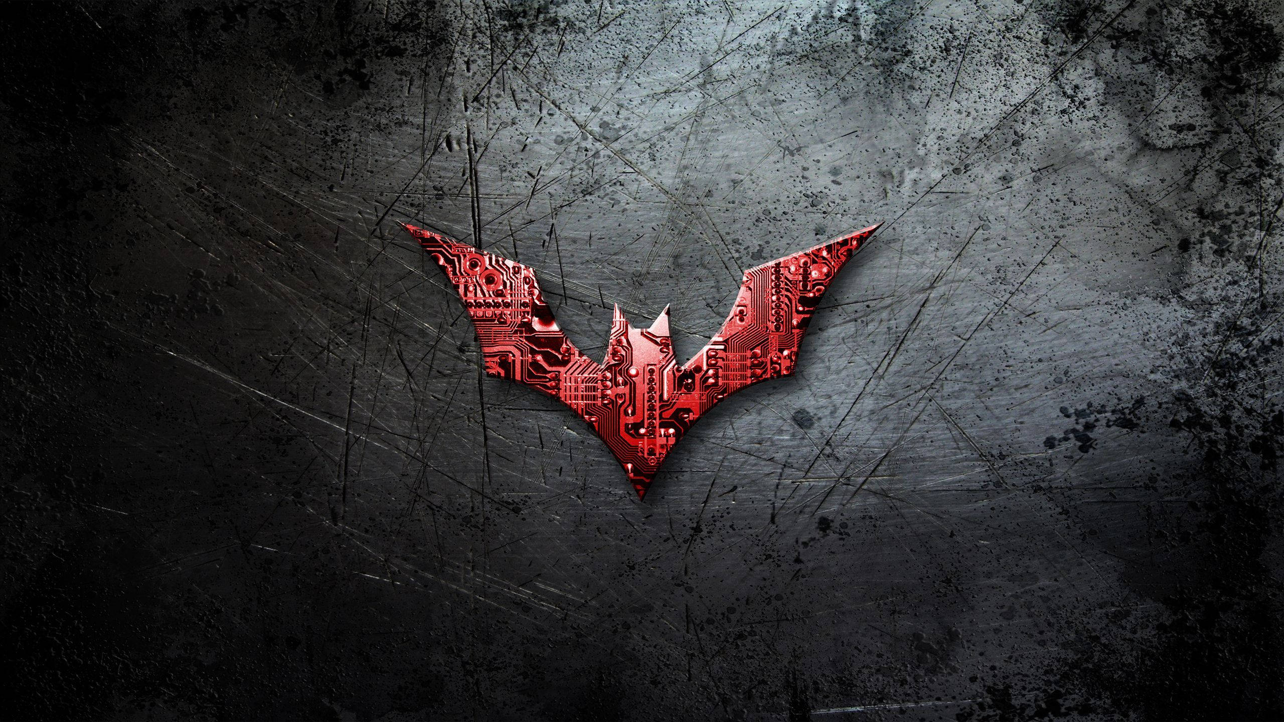 Batman Beyond, glowing red circuit board, bat symbol, 2K Desktop Wallpaper