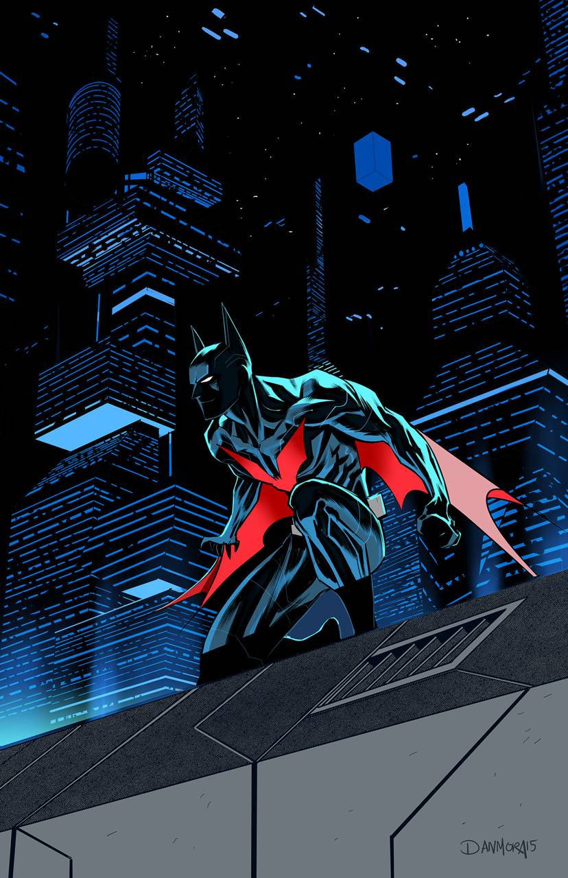 Batman Beyond, neon-lit futuristic cityscape, starry night sky, HD Phone Wallpaper