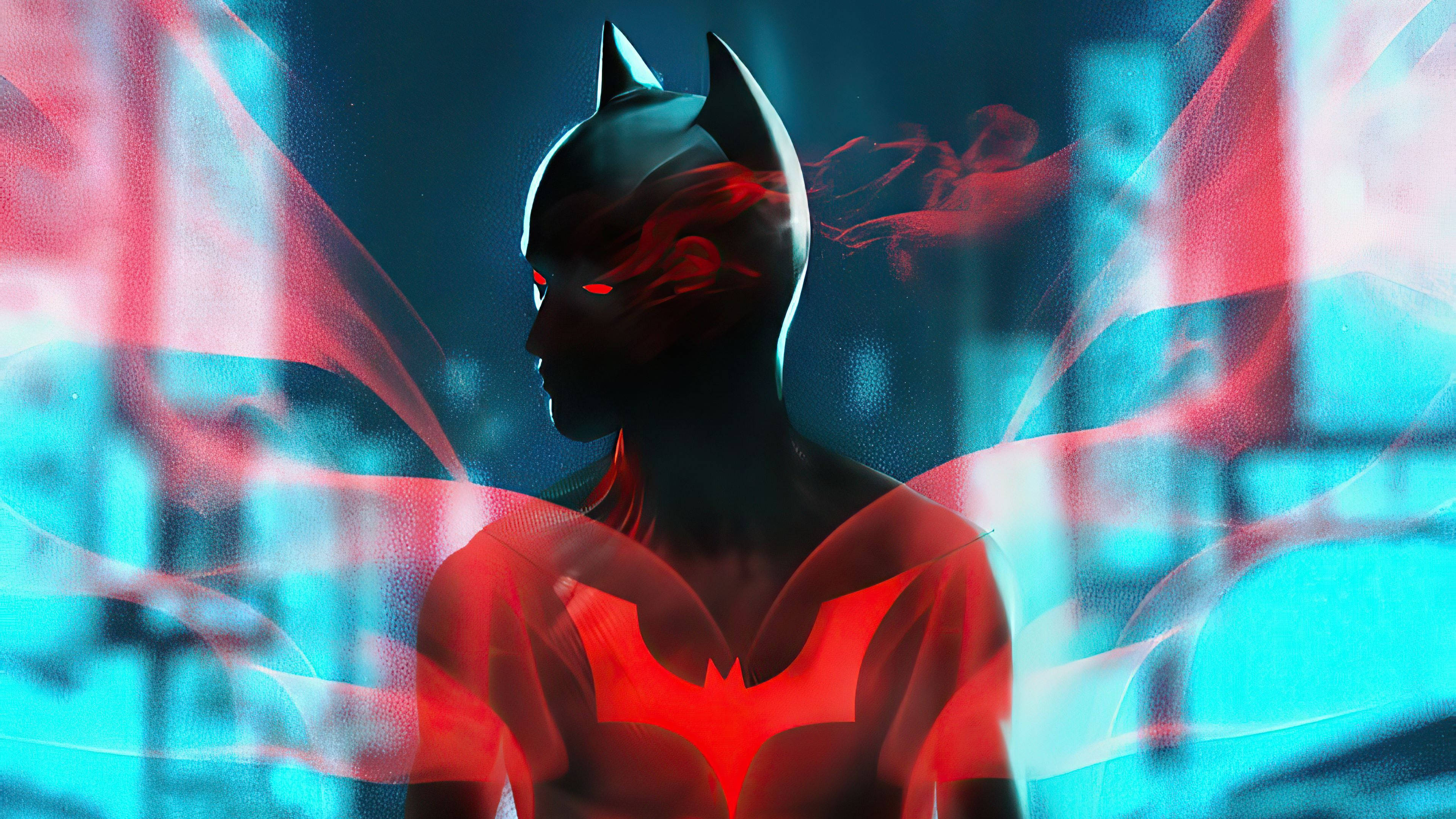 Batman Beyond, red smoke, glowing red eyes, 4K Desktop Wallpaper