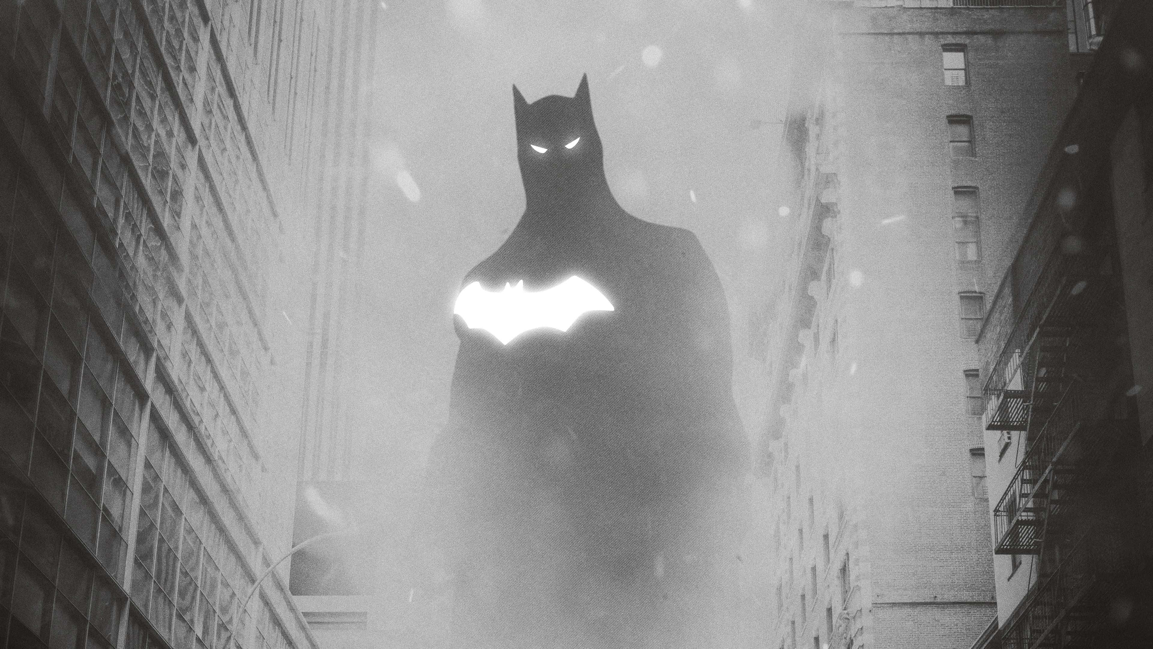 Batman, Monochrome, snowy urban alleyway, 4K Desktop Wallpaper