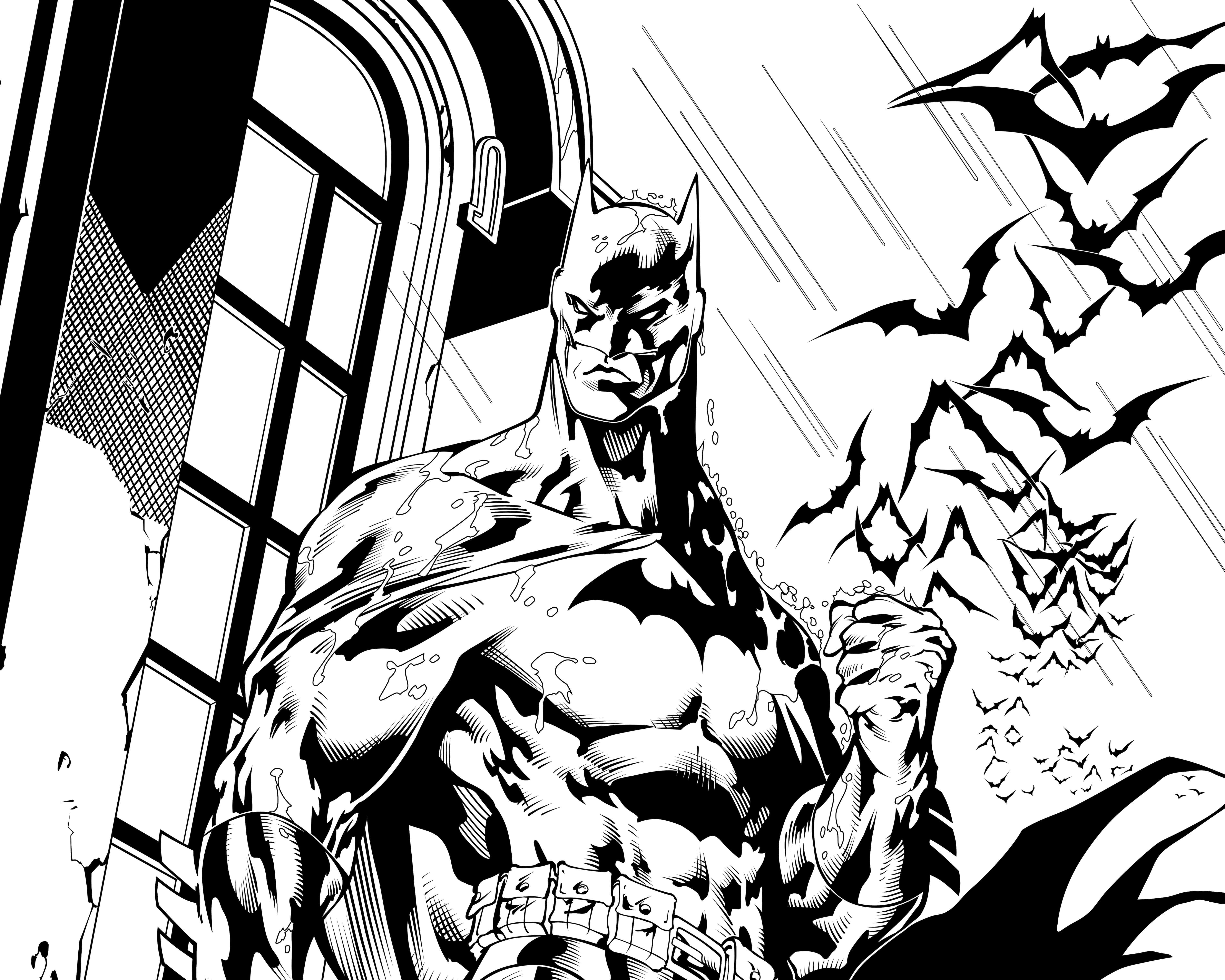 Batman, Stark Black and White, rain-soaked urban alleyway, 5K Desktop Wallpaper