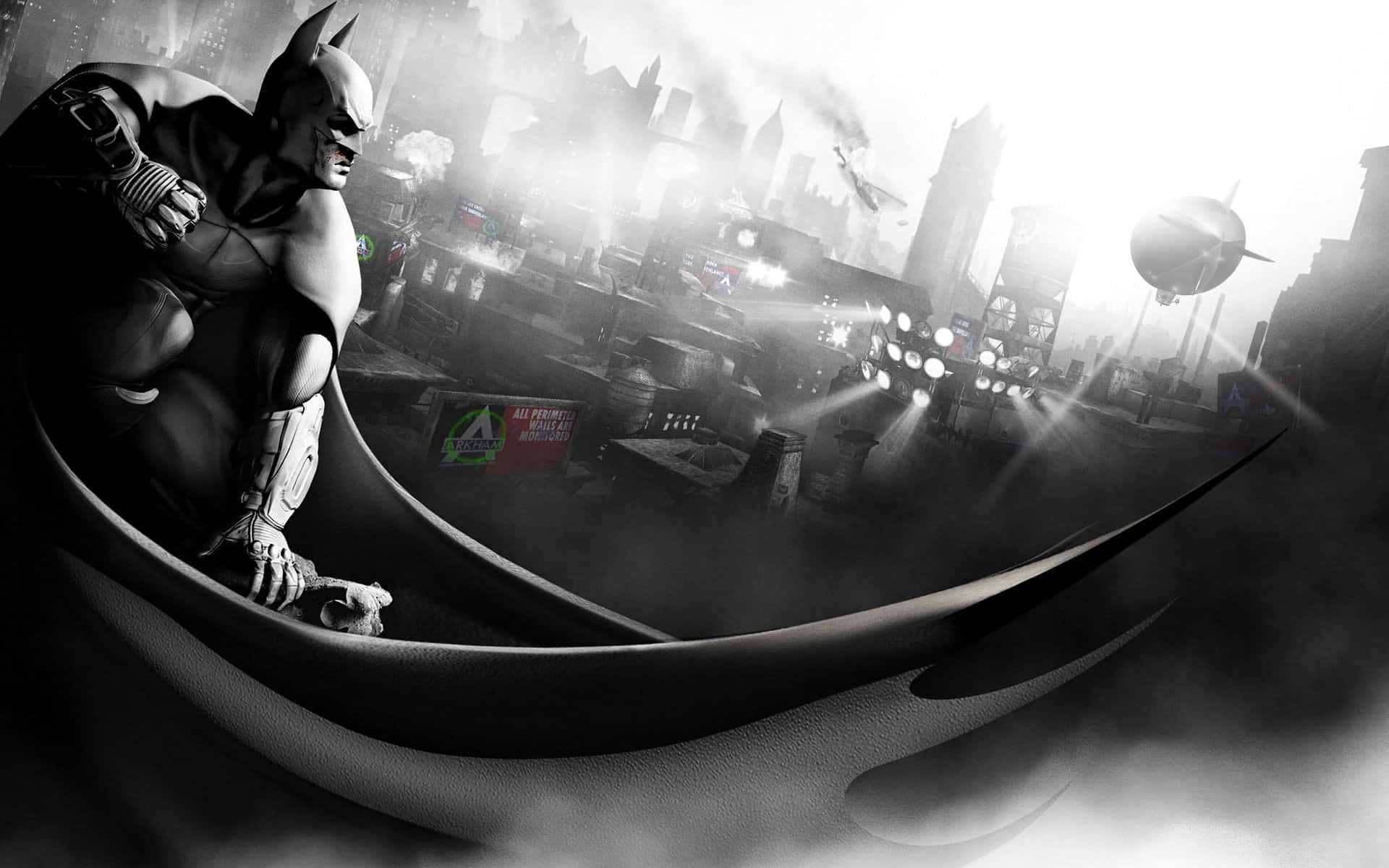 Batman, black and white setting, curved rooftop, Full HD Desktop Wallpaper