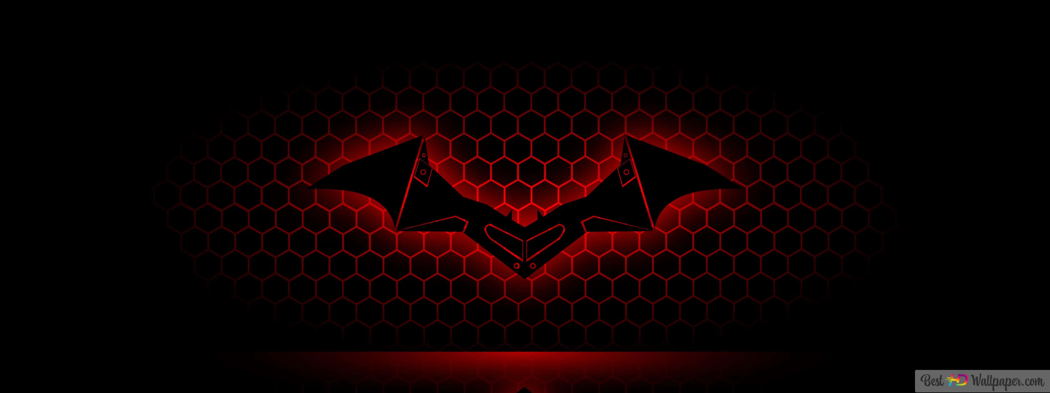 red batman logo, glowing red bat symbol, dark hexagonal grid background, 2K Desktop Wallpaper