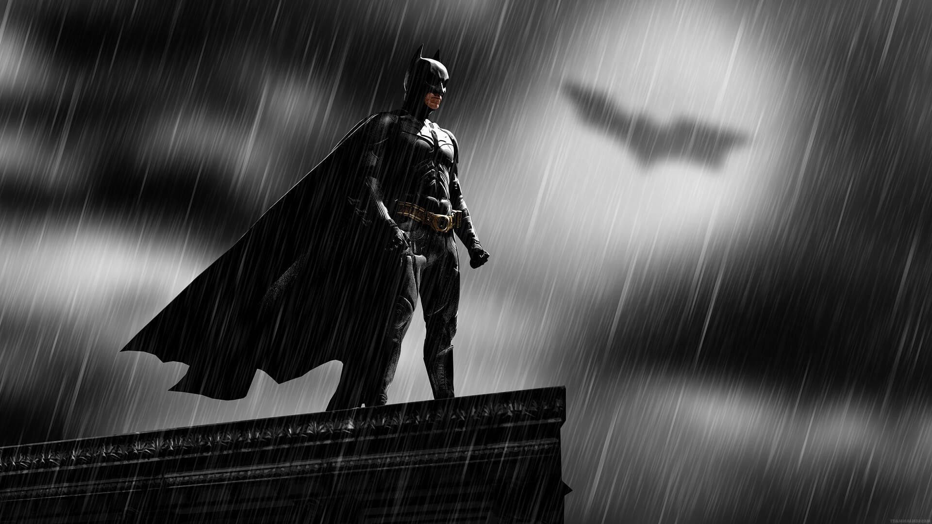 Batman, rooftop, monochrome rain, Full HD Desktop Wallpaper