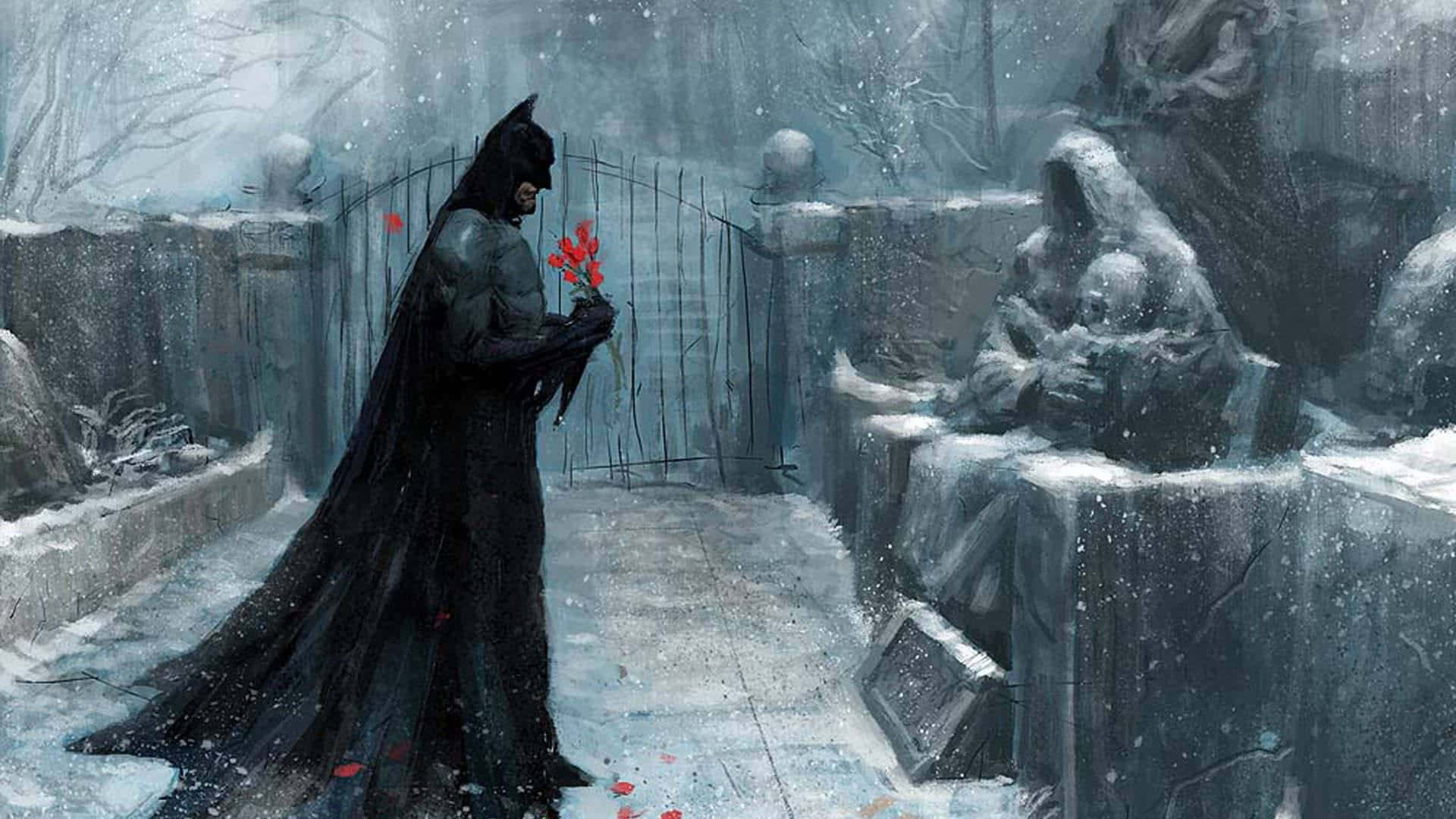 Batman, snowy graveyard, red roses, Full HD Desktop Wallpaper