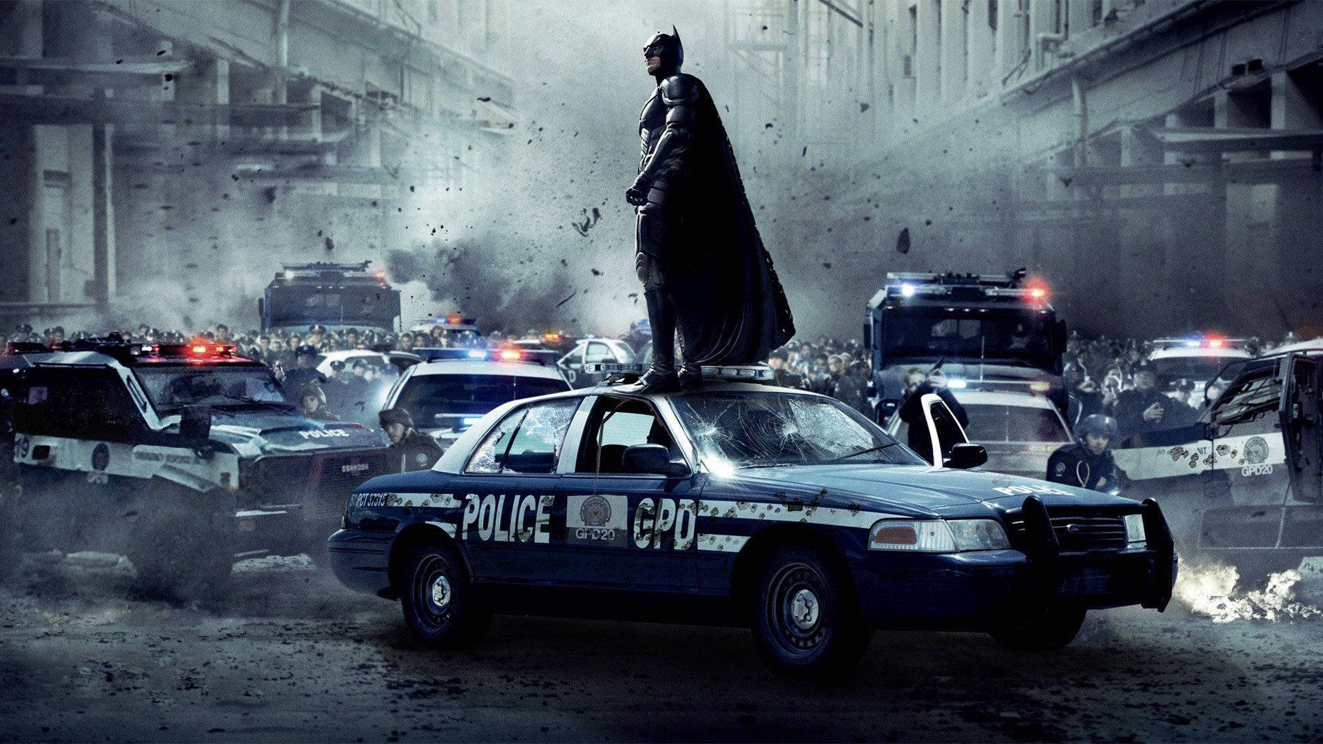 Batman, police car, urban battle, Full HD Desktop Wallpaper