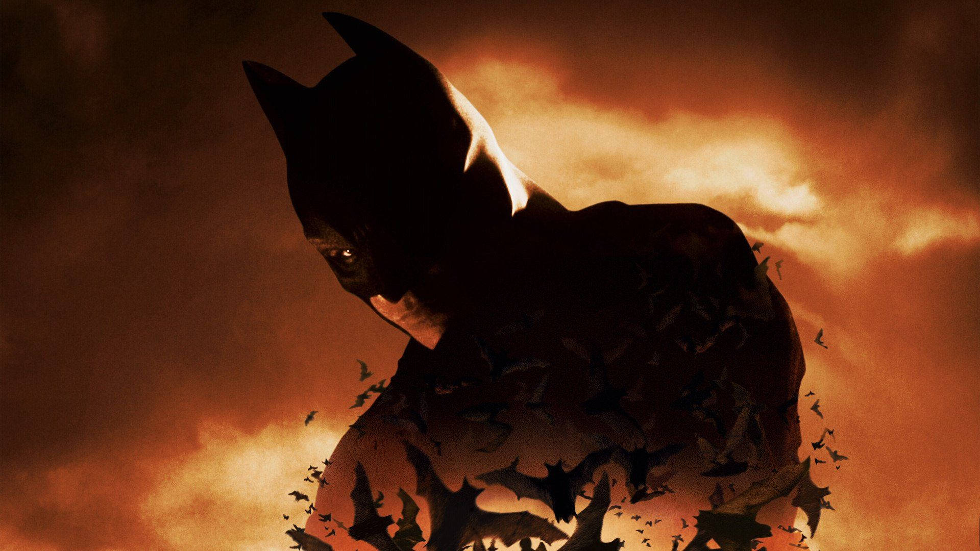 Batman, fiery orange sky, bats, Full HD Desktop Wallpaper