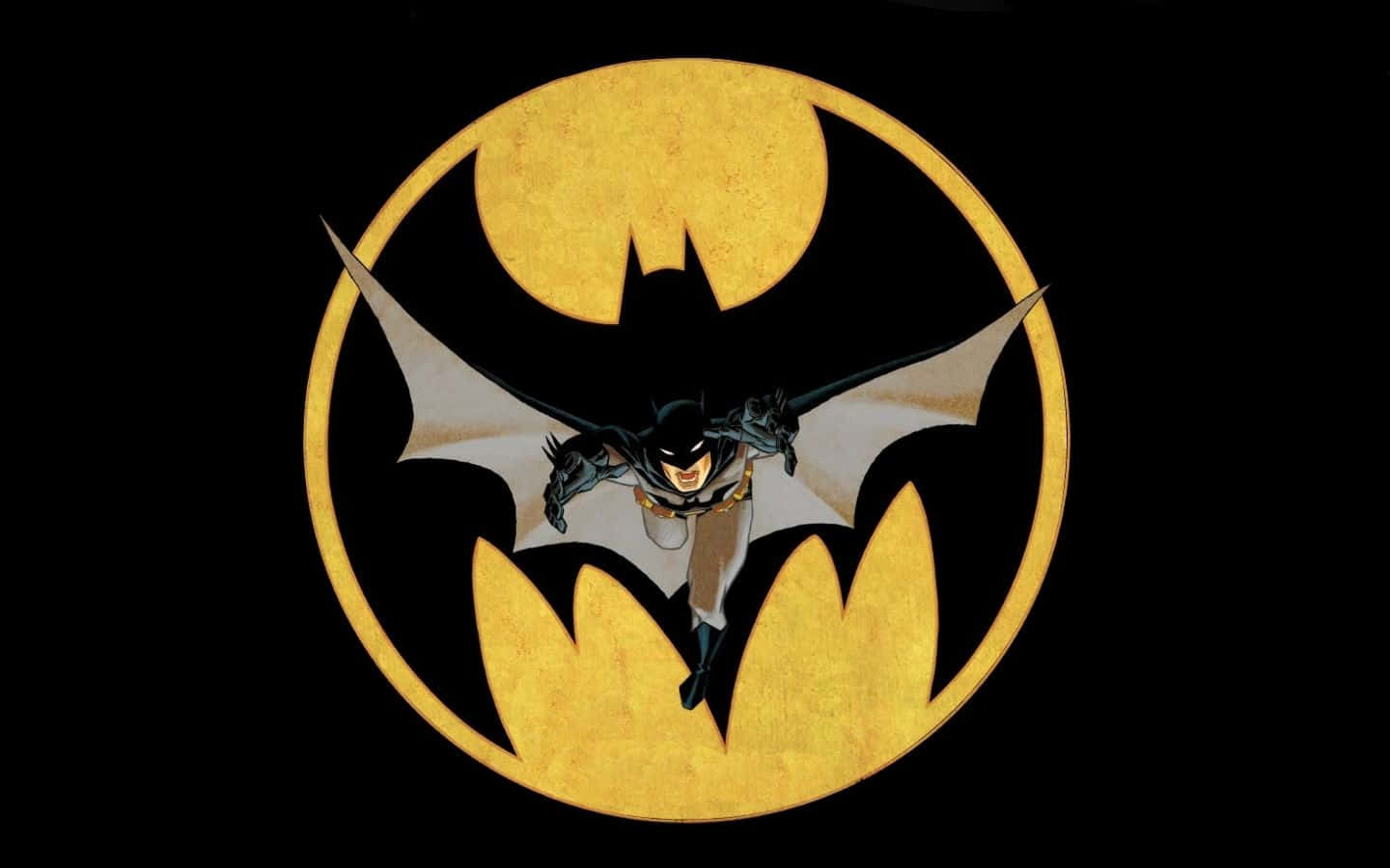 Batman, glowing golden bat emblem, stark black background, HD Desktop Wallpaper