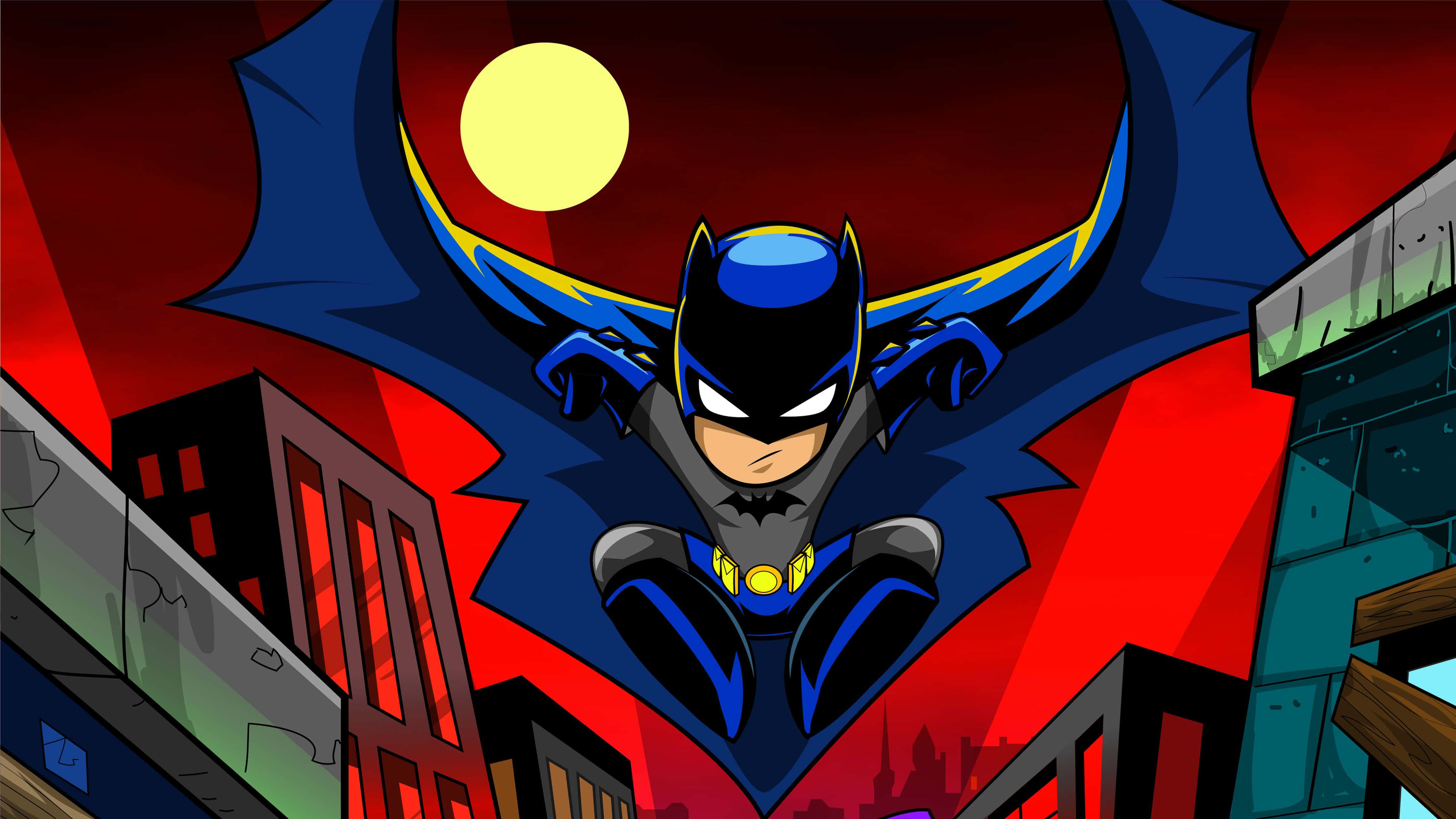Batman, stylized cityscape, glowing yellow moon, 4K Desktop Wallpaper