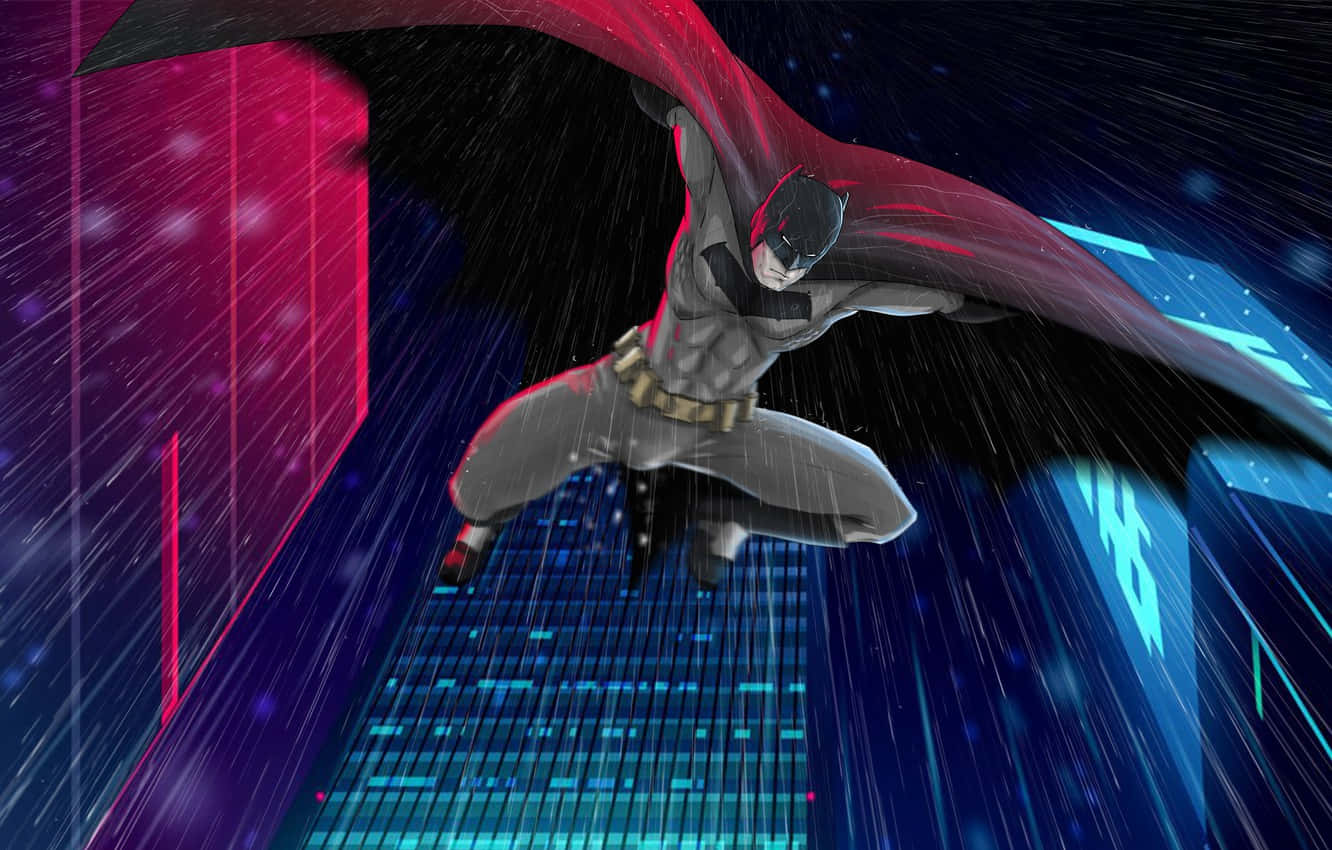 Batman, neon-drenched cyberpunk cityscape, rain streaking, HD Desktop Wallpaper