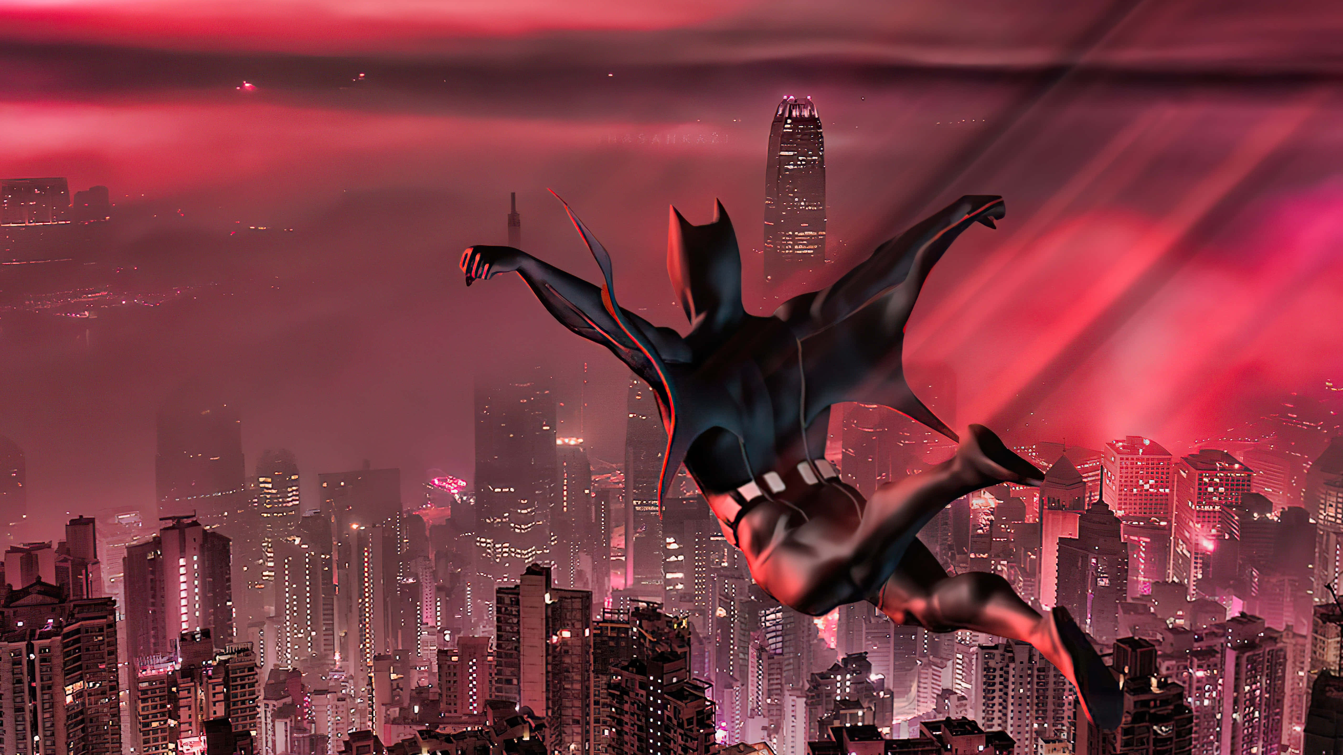 Batman, Batman City, neon-drenched cityscape, 5K Desktop Wallpaper