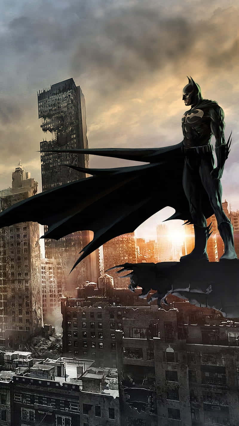 Batman, skyscraper rooftop, dramatic sunset sky, HD Phone Wallpaper