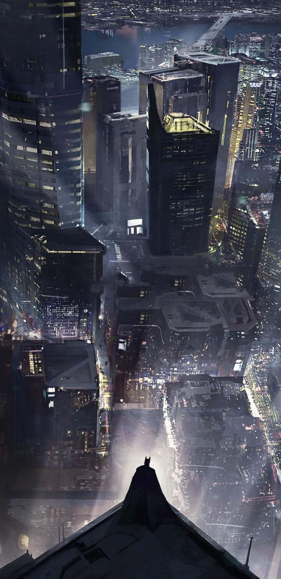 Batman, rooftop, neon-lit cityscape, HD Phone Wallpaper