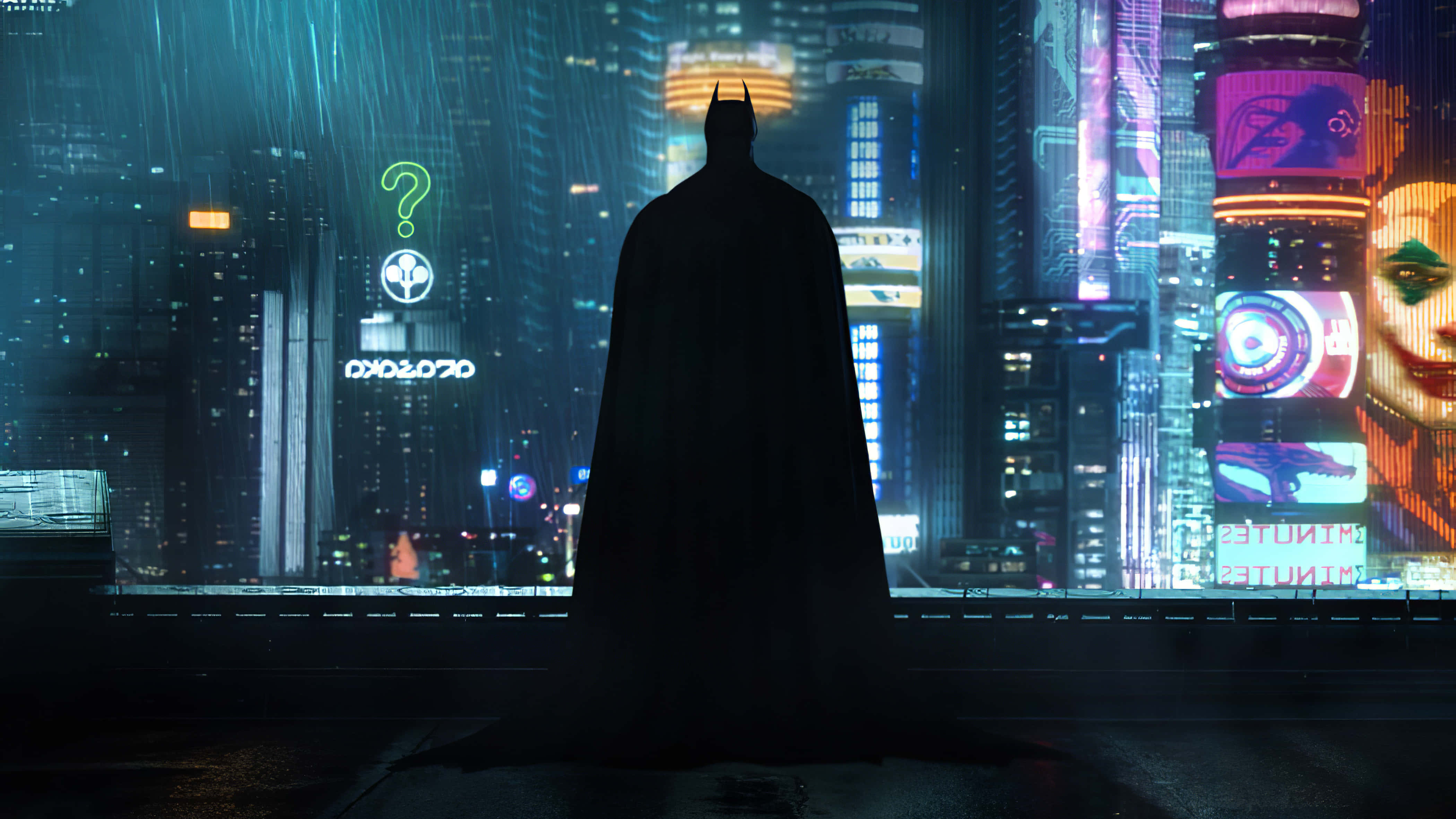 Batman, Batman City, neon-drenched cyberpunk cityscape, 4K Desktop Wallpaper
