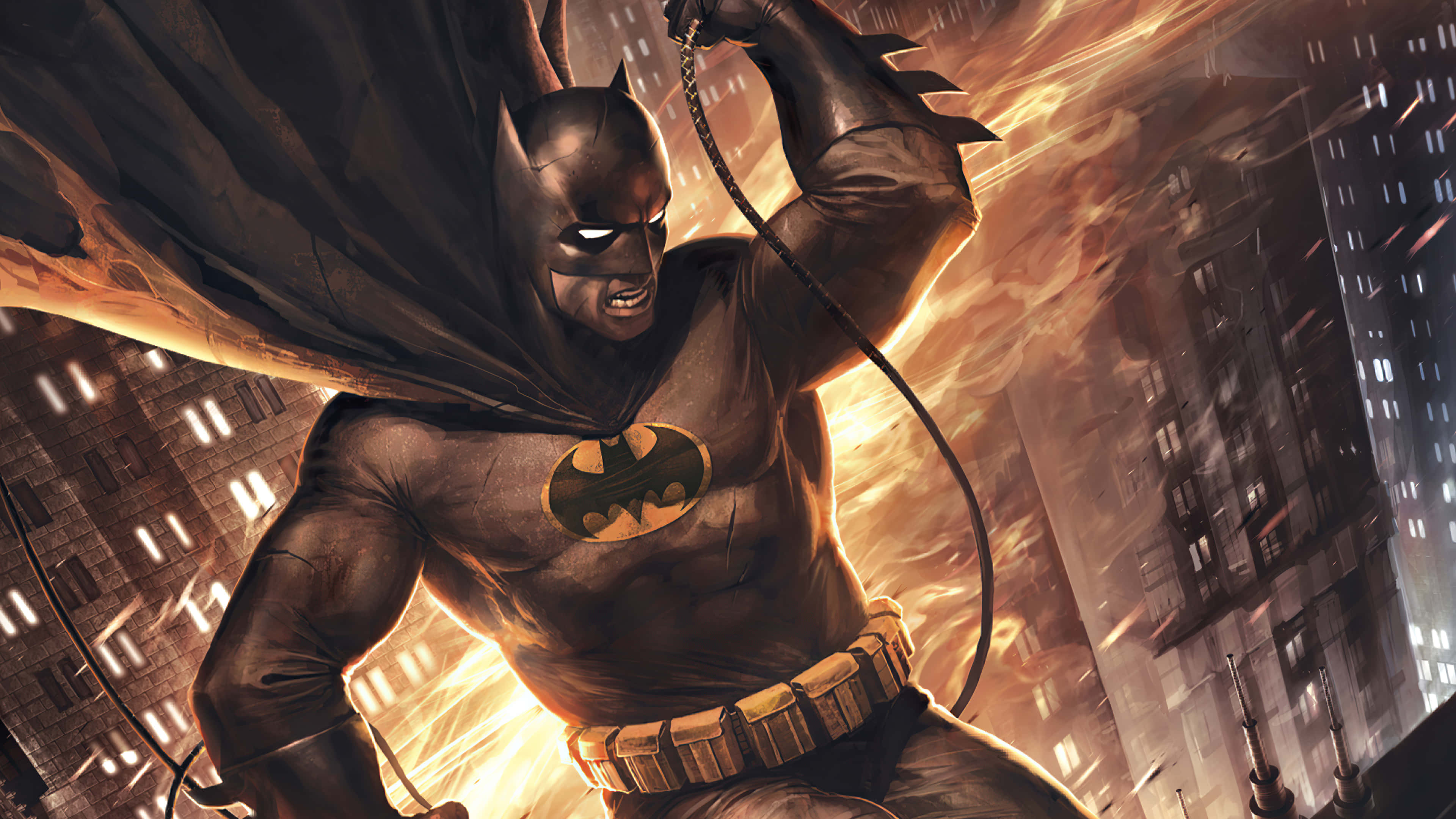 Batman, Batman City, fiery urban storm, 4K Desktop Wallpaper