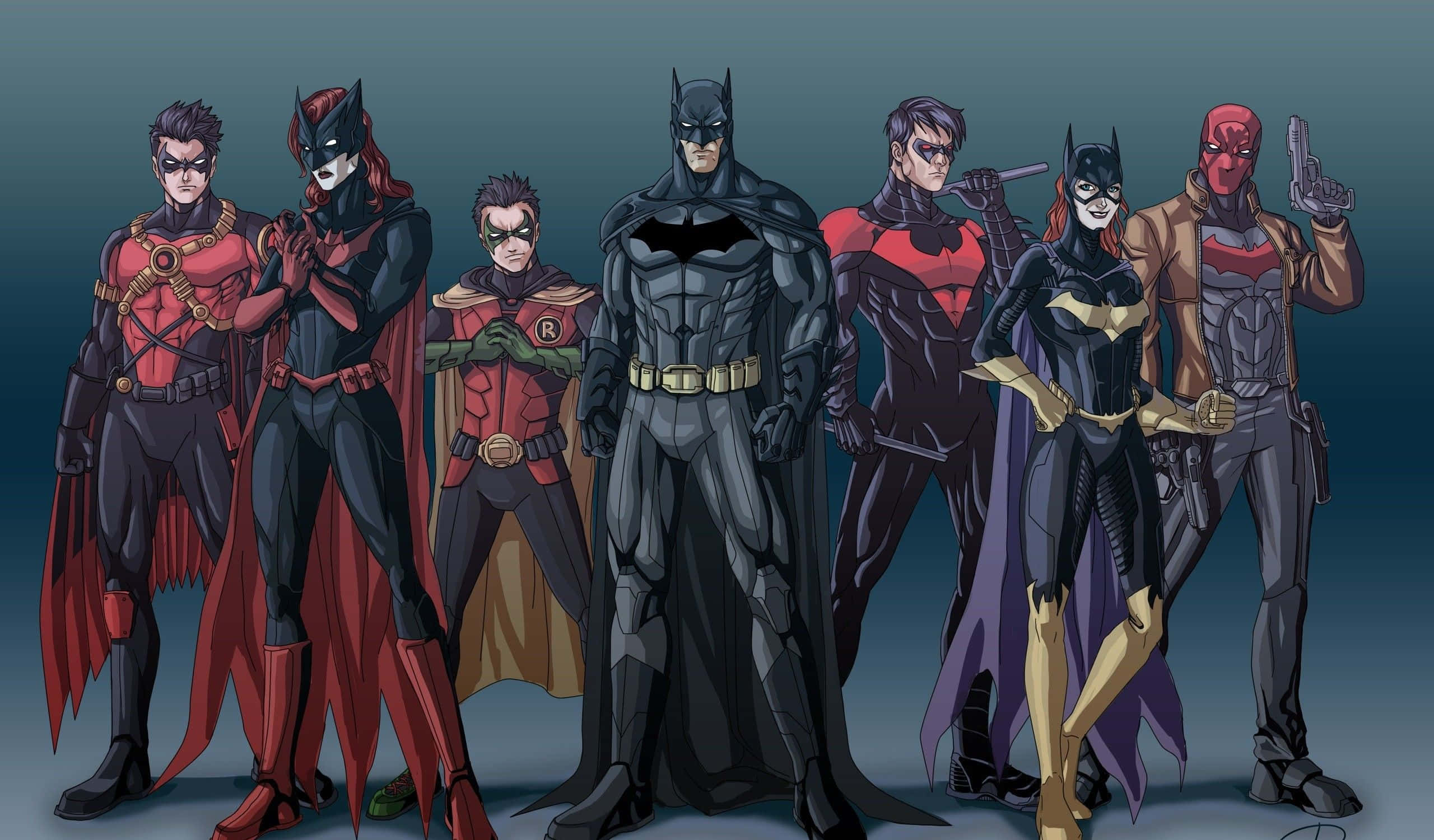 Batman: Death in the Family, Batman family heroes, dark blue gradient background, 2K Desktop Wallpaper