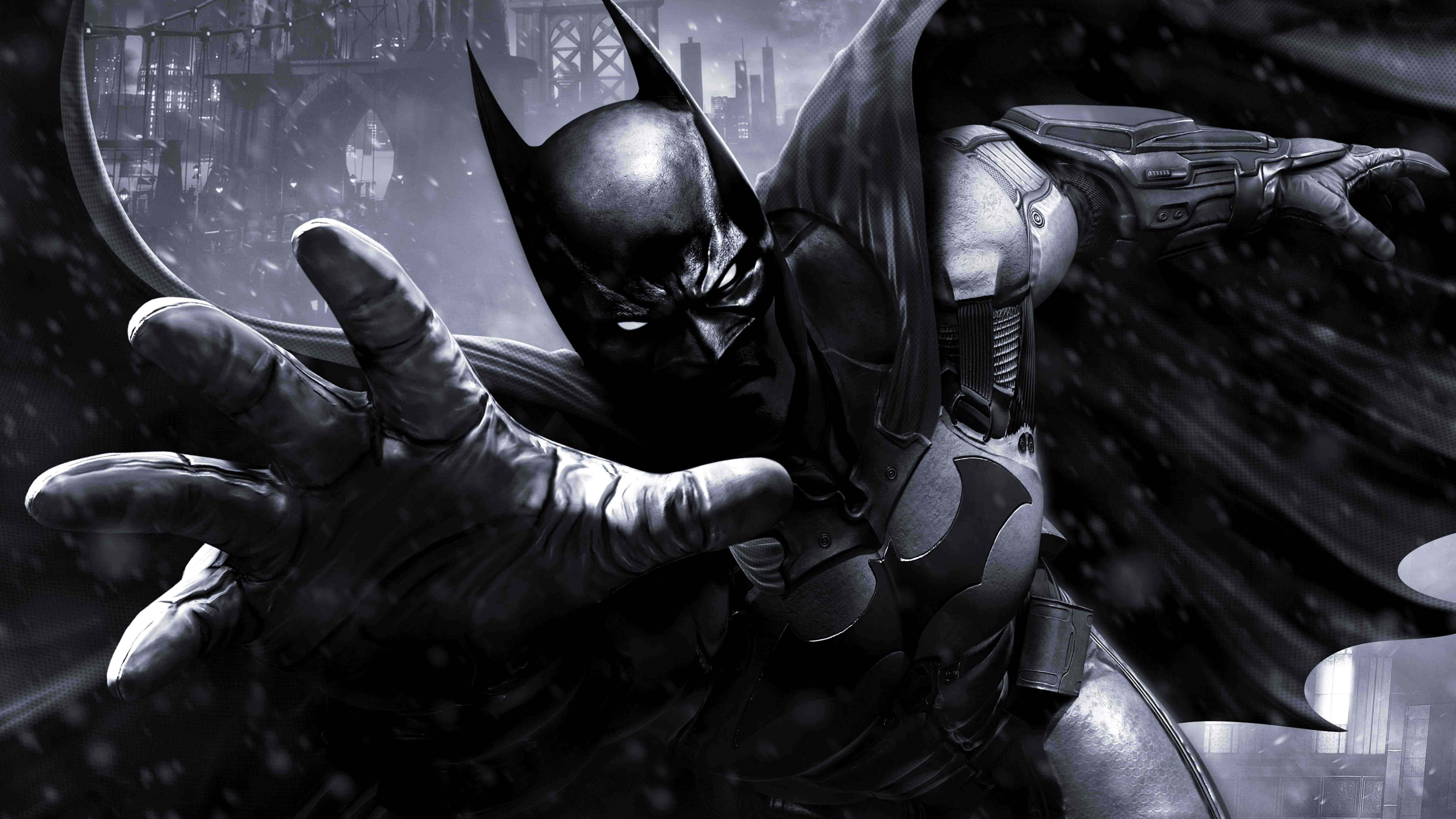 Batman, monochrome cityscape, rain, 5K Desktop Wallpaper