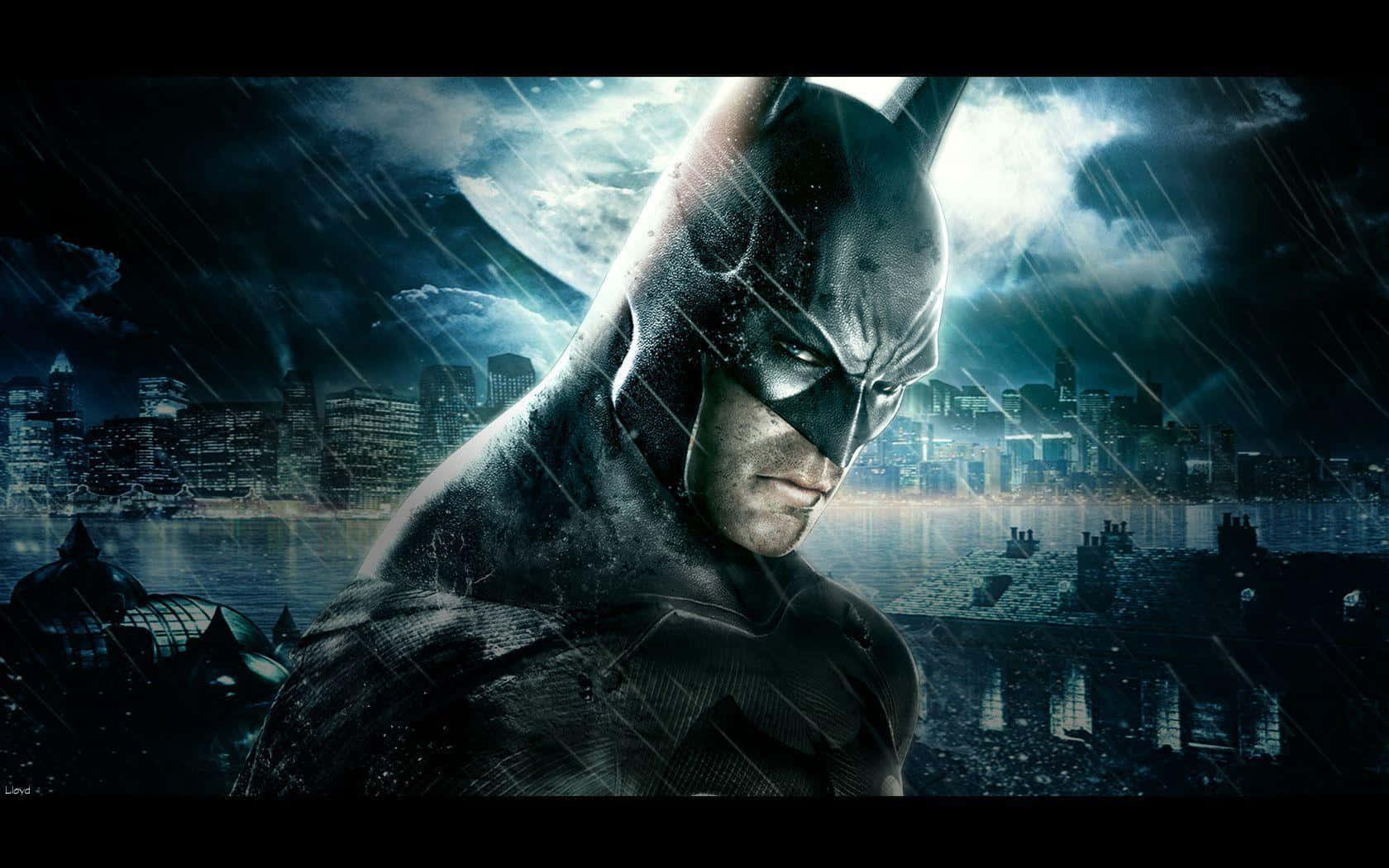Batman, dark city skyline, glowing moon, HD Desktop Wallpaper