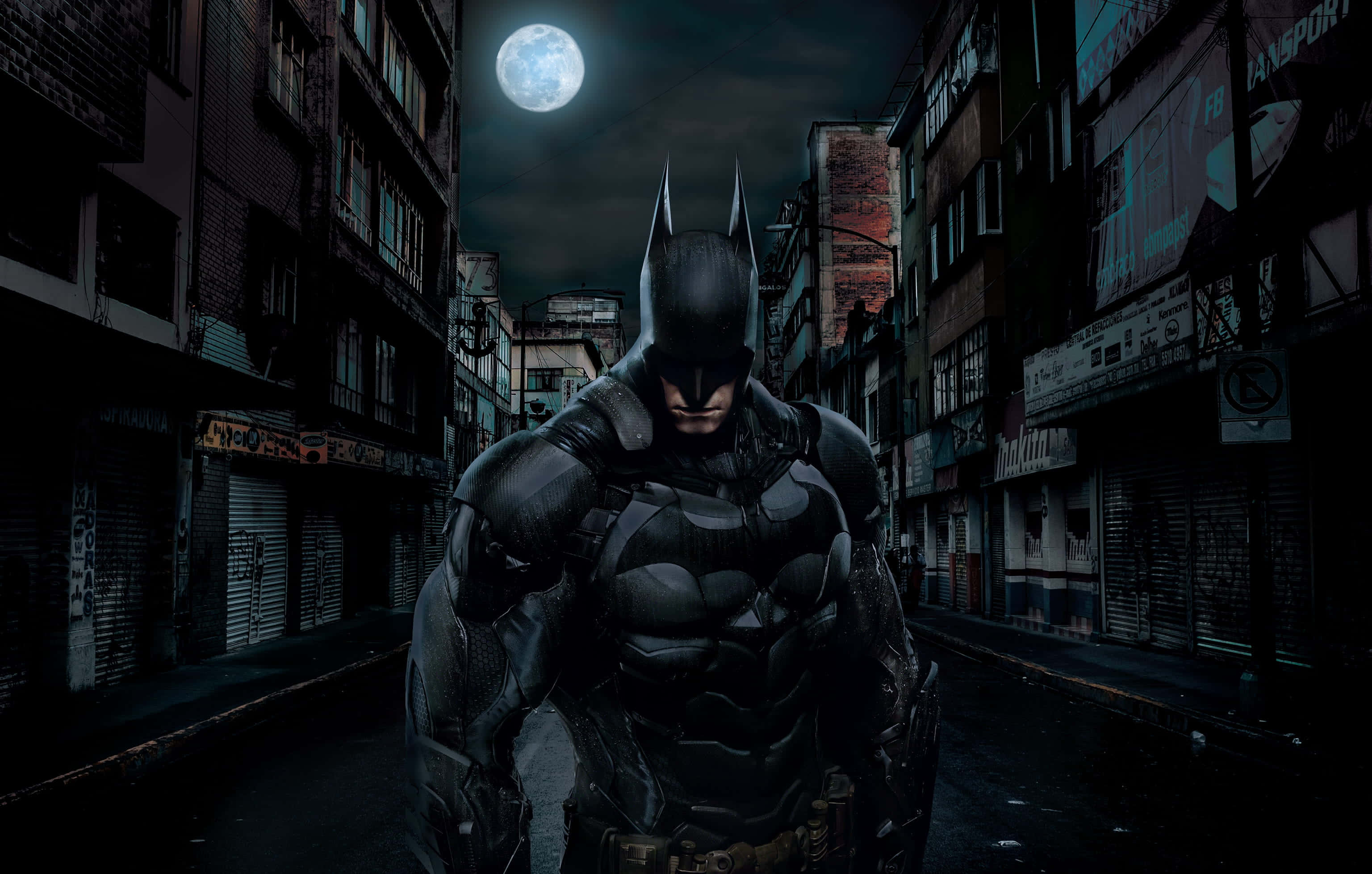 Batman, moonlit urban alleyway, full moon, 2K Desktop Wallpaper