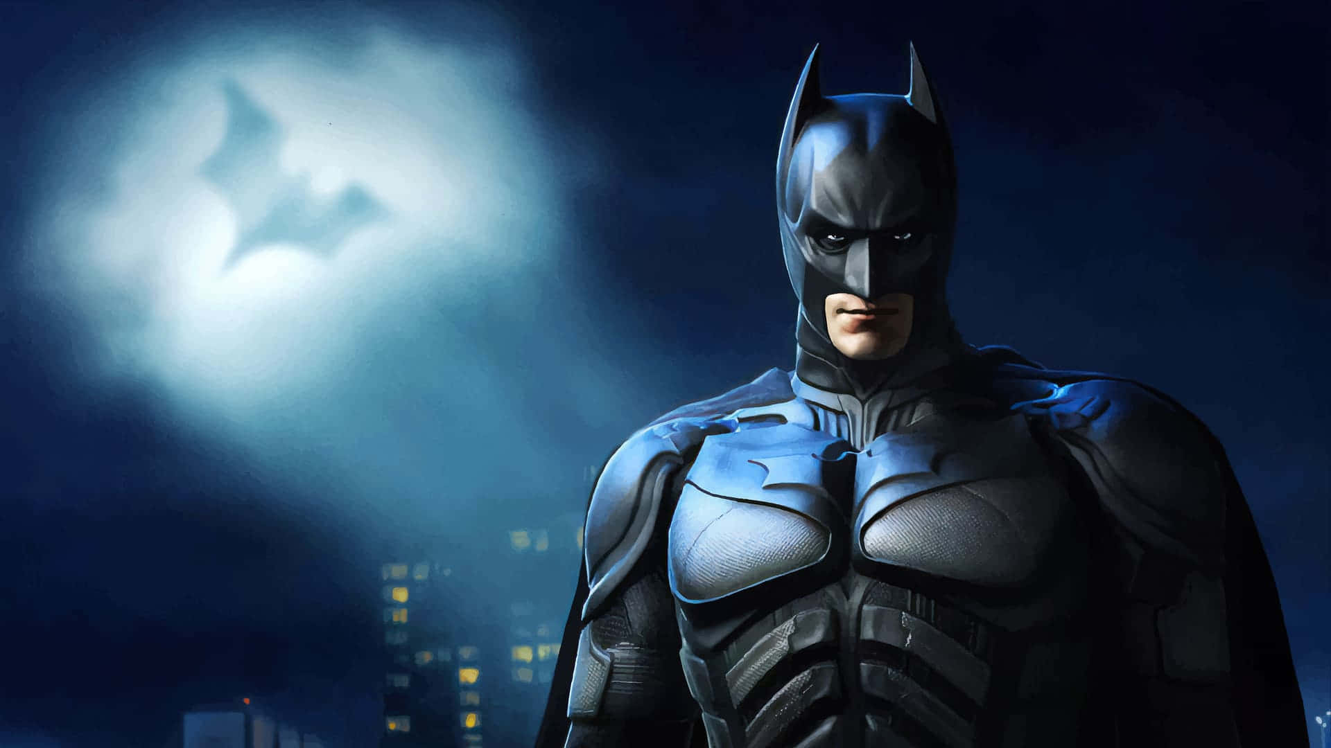 Batman, dark cityscape, glowing bat symbol, Full HD Desktop Wallpaper