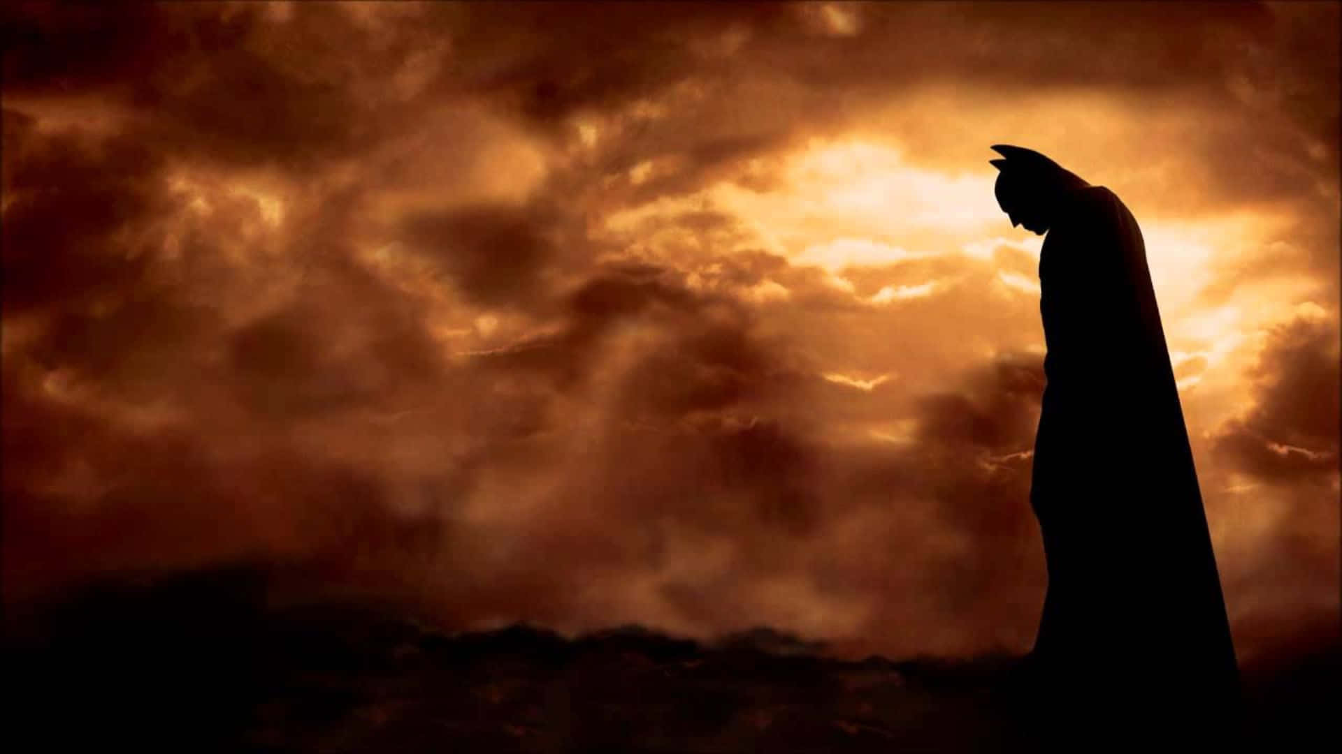 Batman, silhouette, orange and brown stormy sky, Full HD Desktop Wallpaper