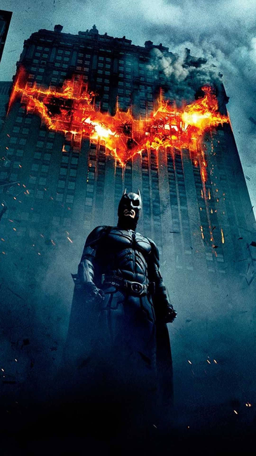 Batman, flaming building, bat symbol, Full HD Phone Wallpaper