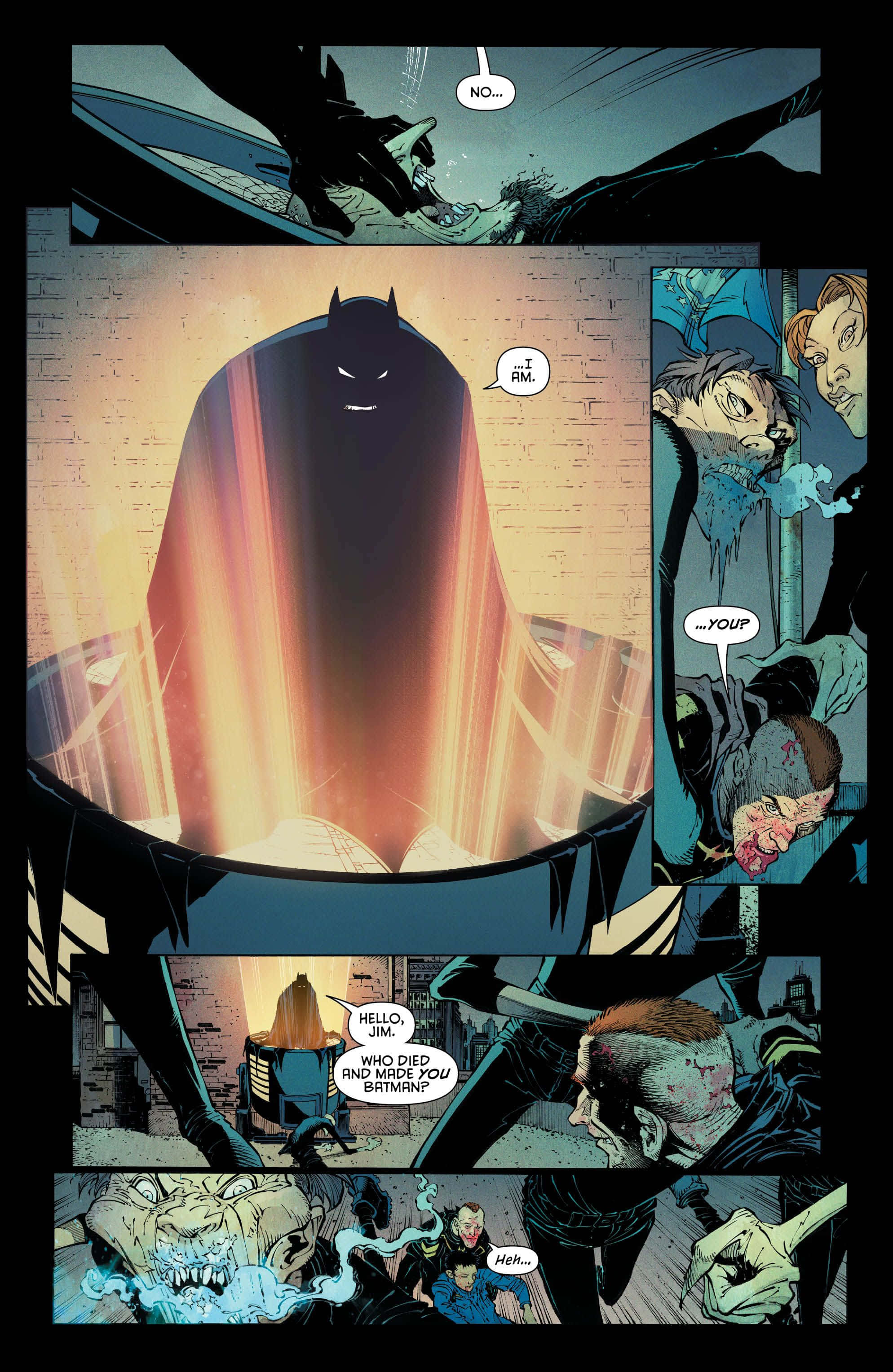 Batman Last Knight On Earth, glowing orange light, shadowy figure, 2K Phone Wallpaper