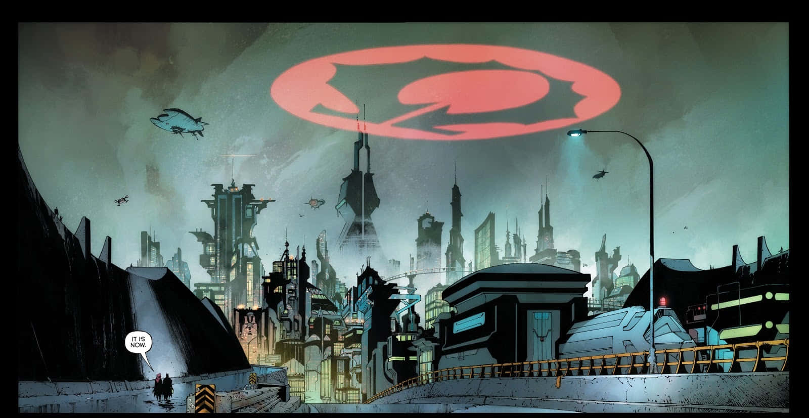 Batman Last Knight On Earth, dystopian cityscape, massive red circular emblem, HD Desktop Wallpaper