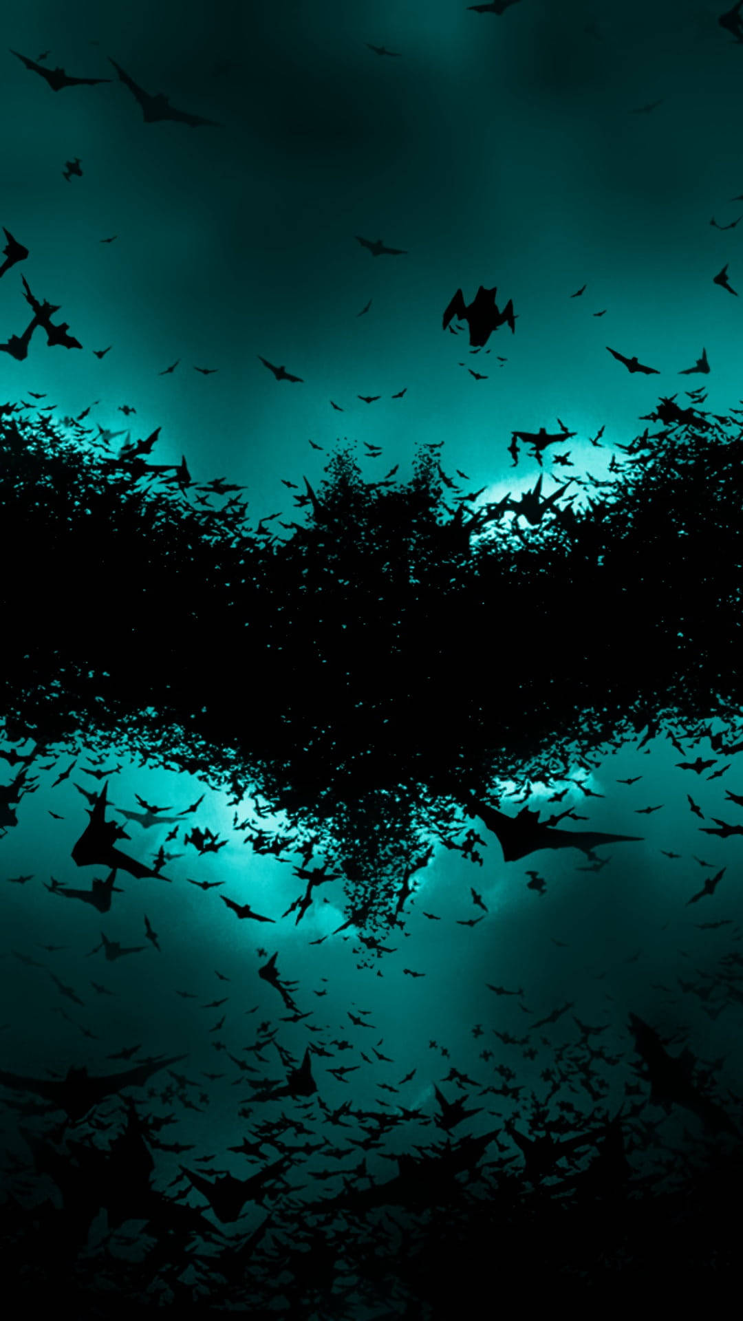 Batman logo, bats, glowing teal sky, Full HD Phone Wallpaper