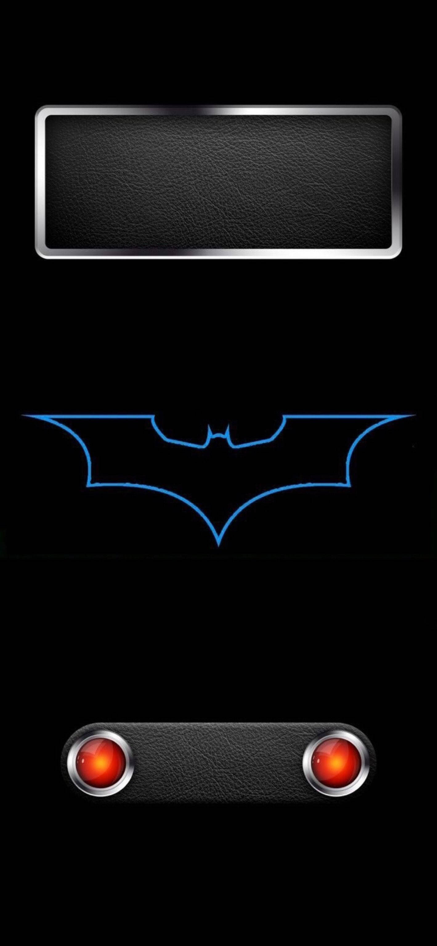 Batman Logo iPhone, black leather panel, glowing red buttons, 2K Phone Wallpaper
