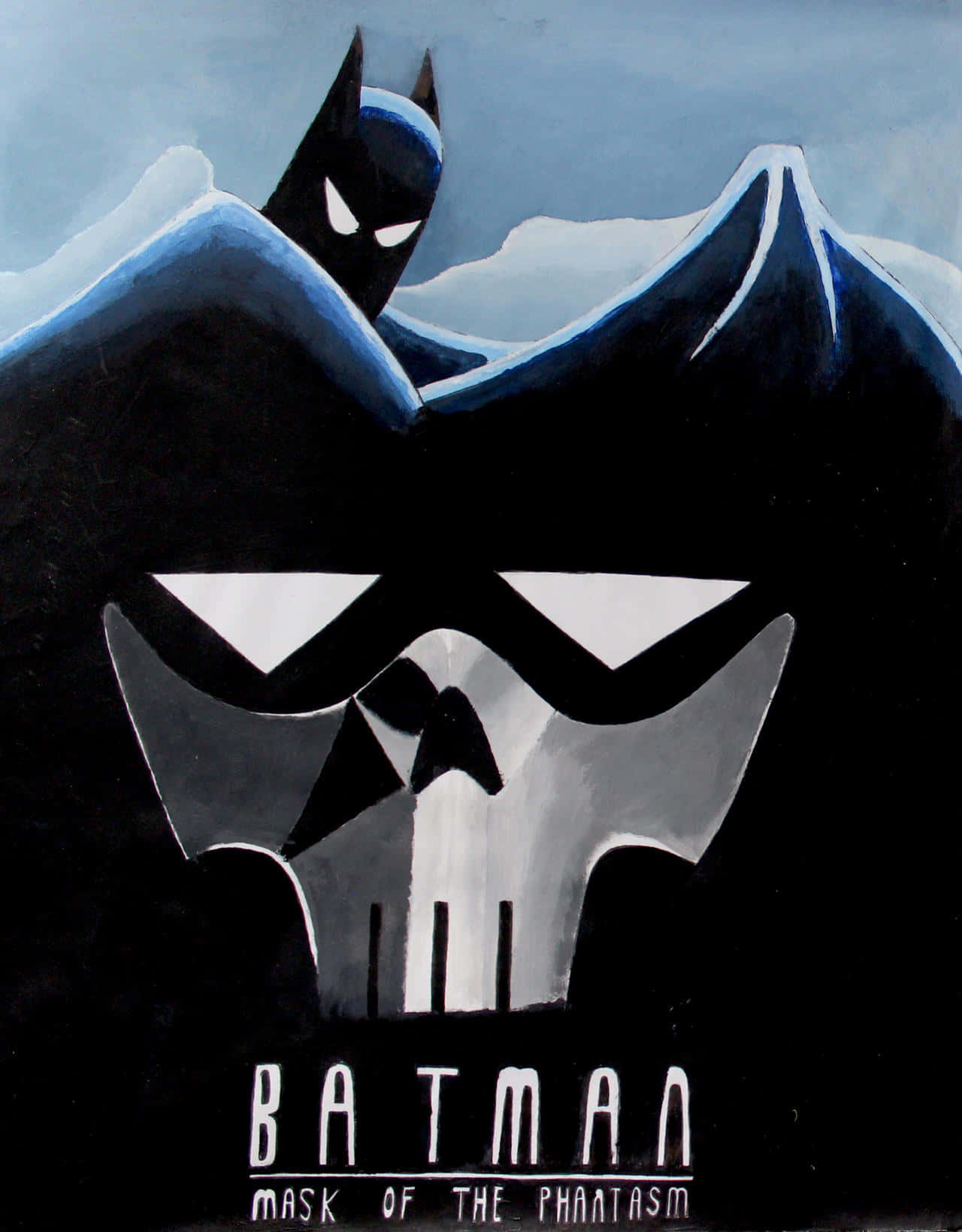 Batman Mask Of The Phantasm, stylized skull mask, snowy mountain backdrop, HD Phone Wallpaper