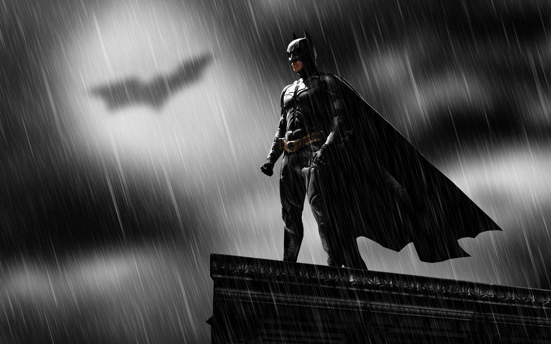 Batman, rooftop, monochrome rain, Full HD Desktop Wallpaper