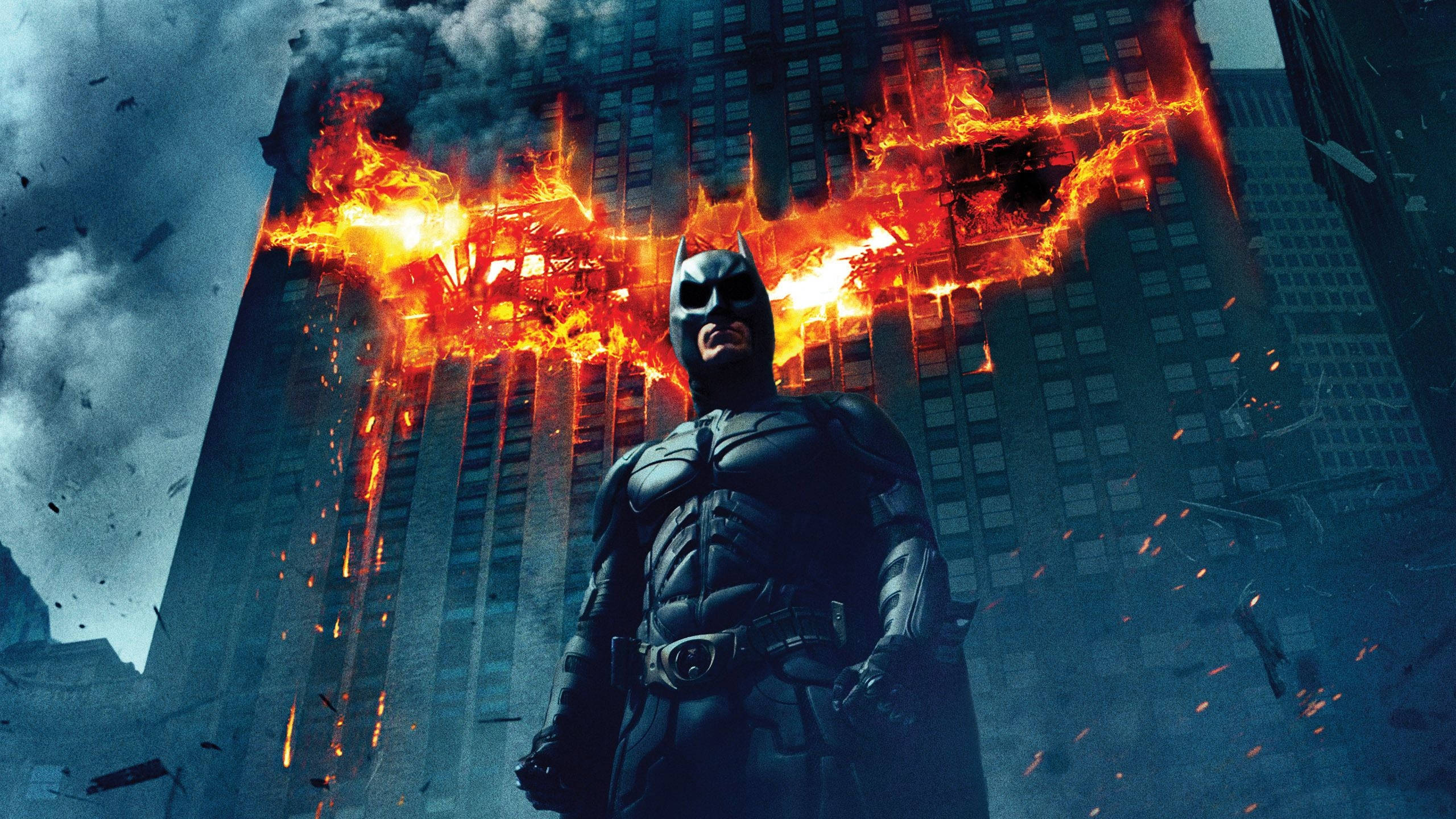 Batman, fiery bat symbol, skyscraper, 2K Desktop Wallpaper