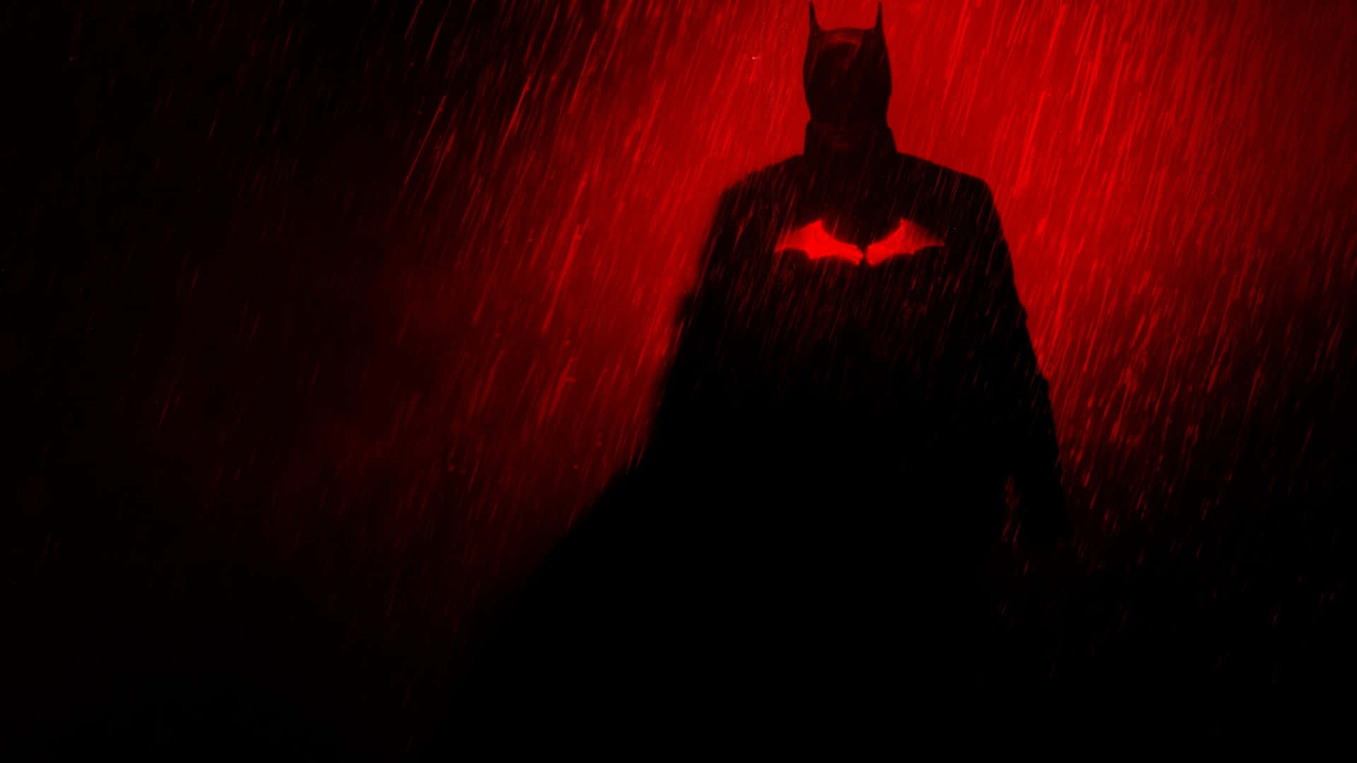 Batman, crimson rain-soaked backdrop, glowing bat emblem, Full HD Desktop Wallpaper