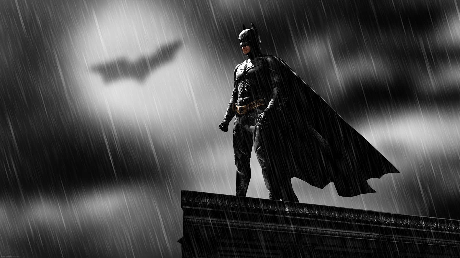 Batman, rain-slicked rooftop, bat symbol, Full HD Desktop Wallpaper